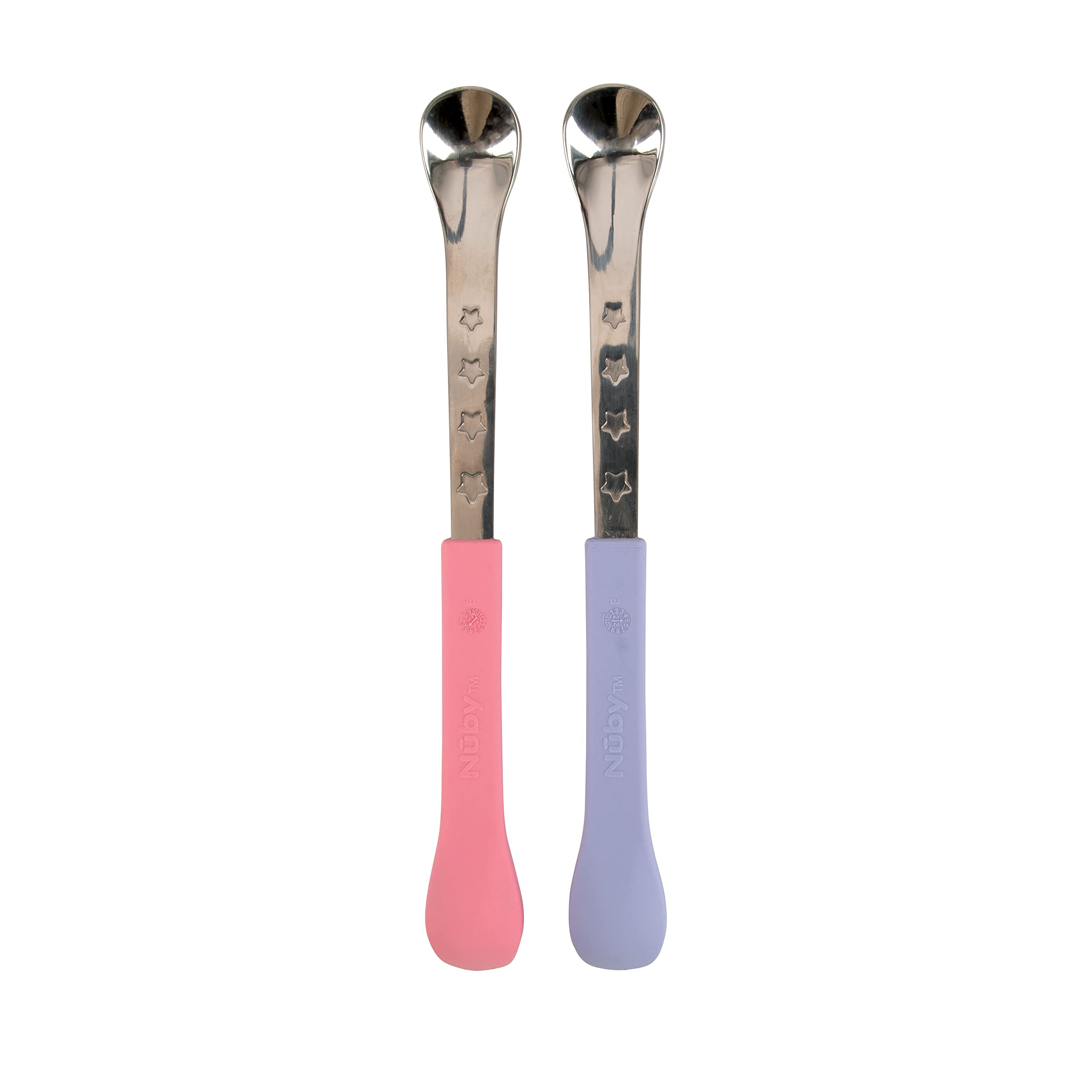 Nuby 2 In 1 Silicone And Stainless Steel Dual Ended Feeding Spoons For Baby, Purple/Pink