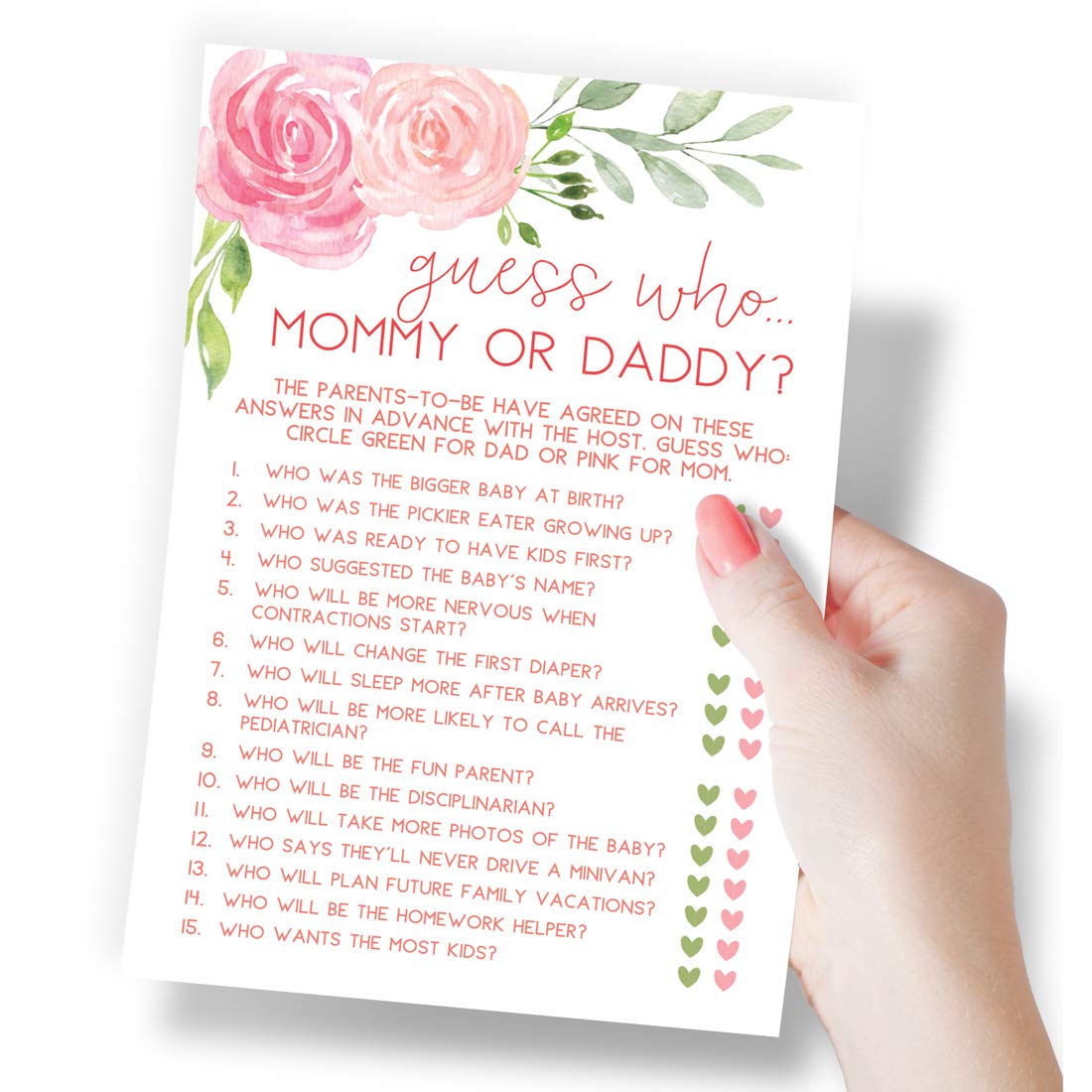 Printed Party Baby Shower Game  Guess Who Mommy or Daddy  Floral  50 Cards