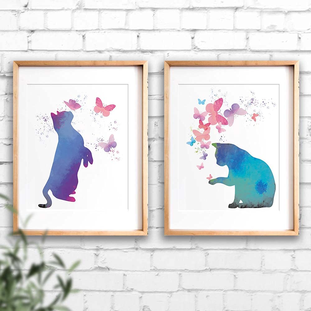 IIILUYOT Watercolor Cat With colorful Butterfly Art Print  Set of 4(8X10) Watercolor Animals Poster Painting for Home Decor  Cat Gift for Girl Daughter Granddaughter Niece Cat Lover  Unframed