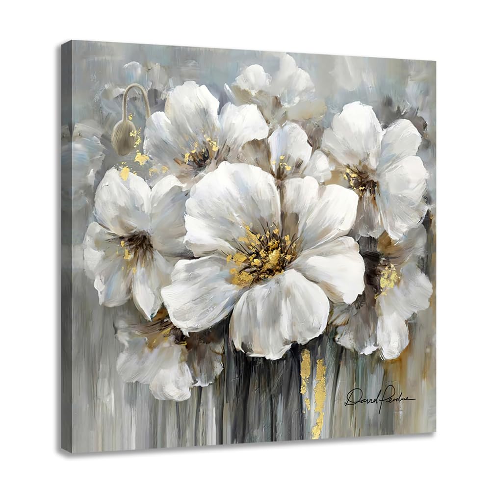 Flower Picture Decor Wall Art White And Gray Floral With Gold For Bedroom Bathroom Walls Decoration, Canvas Framed 13.5X13.5