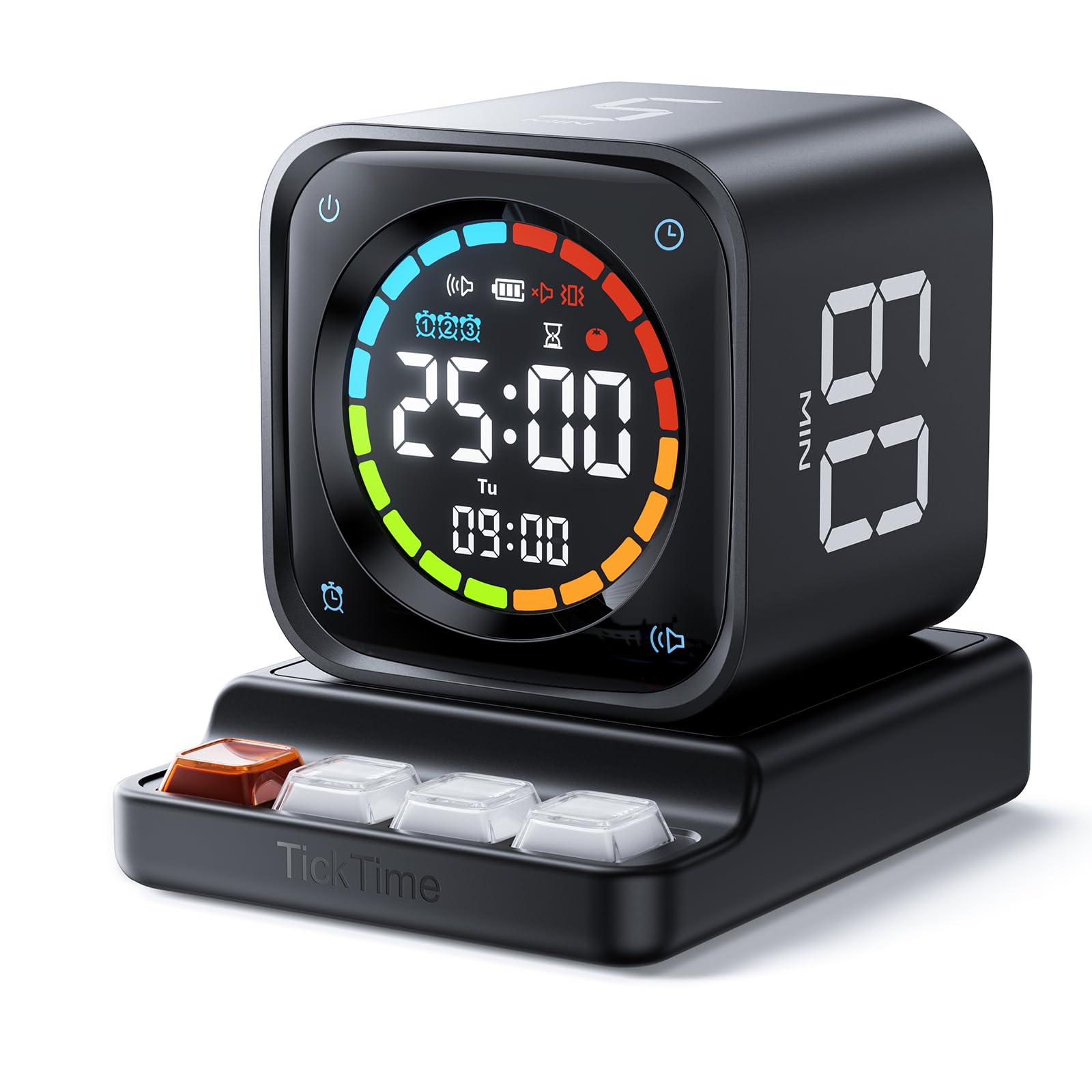 TK3 Pomodoro Timer Cube, Desk Productivity Timer with 5/10/30/60 Min Presets, Custom Countdown, Stopwatch, Clock, 3 Alarm, Silen