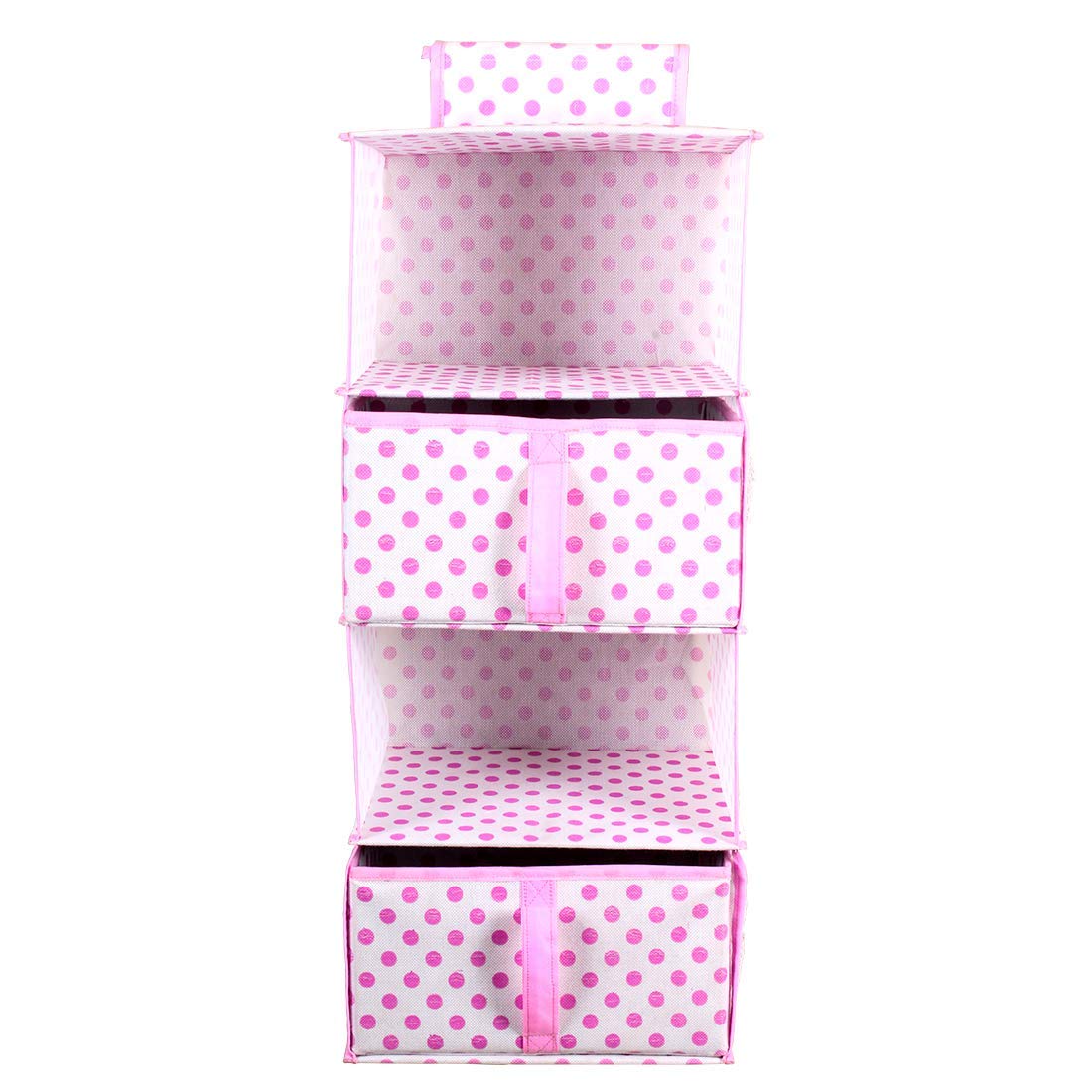 Prettykrafts Polka Non Woven 4 Shelf Hanging Organiser With 2 Drawers And Side Pockets F1576 (Pink)