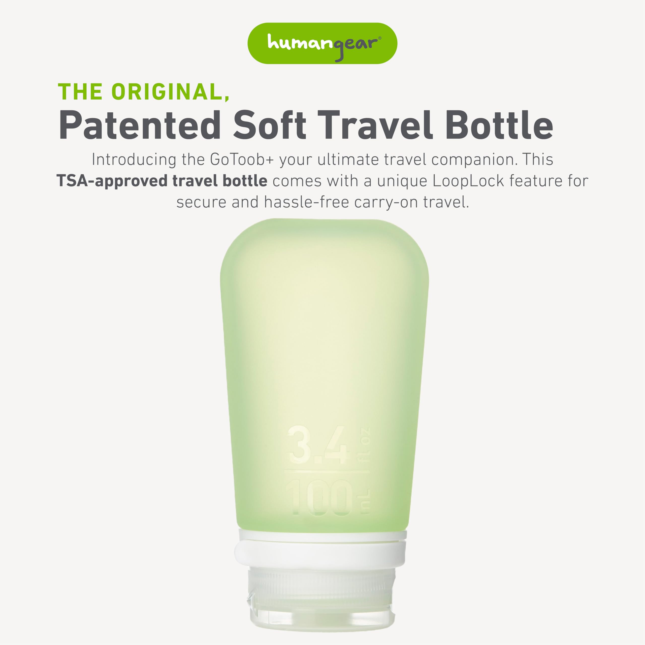 Humangear Gotoob+ (Large) | Refillable Silicone Travel Bottle | Locking Lid | Food-Safe Material | Green, Large (3.4 Fl.Oz.; 100
