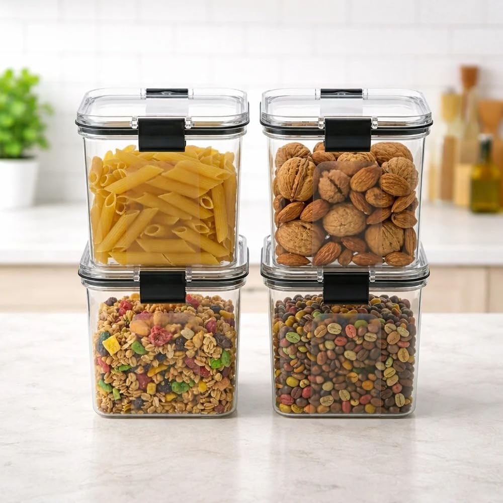 Lock & Lock Containers Set Of 4, Bpa Free Plastic Transparent Jars With Locking Lids, Stackable Kitchen Pantry Organizer For Cer