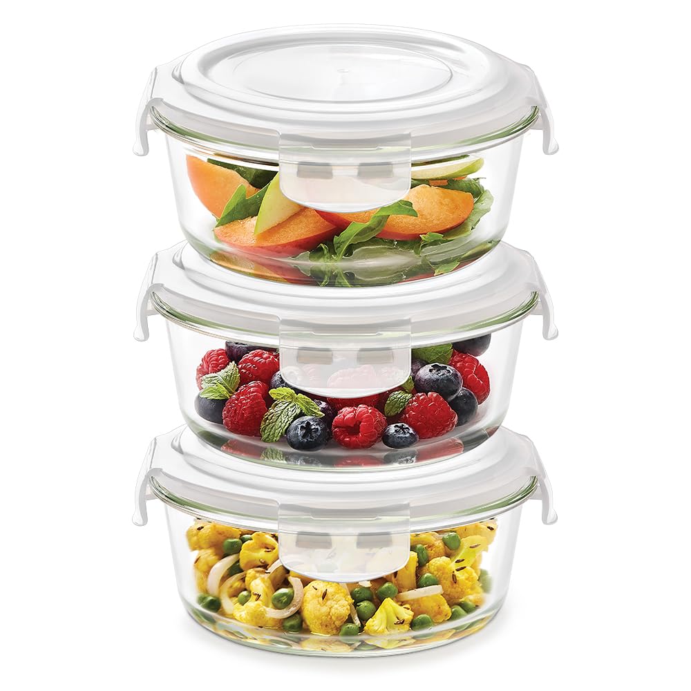 Borosil Klip N Store (950Ml X 3) Round Glass Food Storage Container Set With Air Tight Lid | Borosilicate Glass Container For Lu