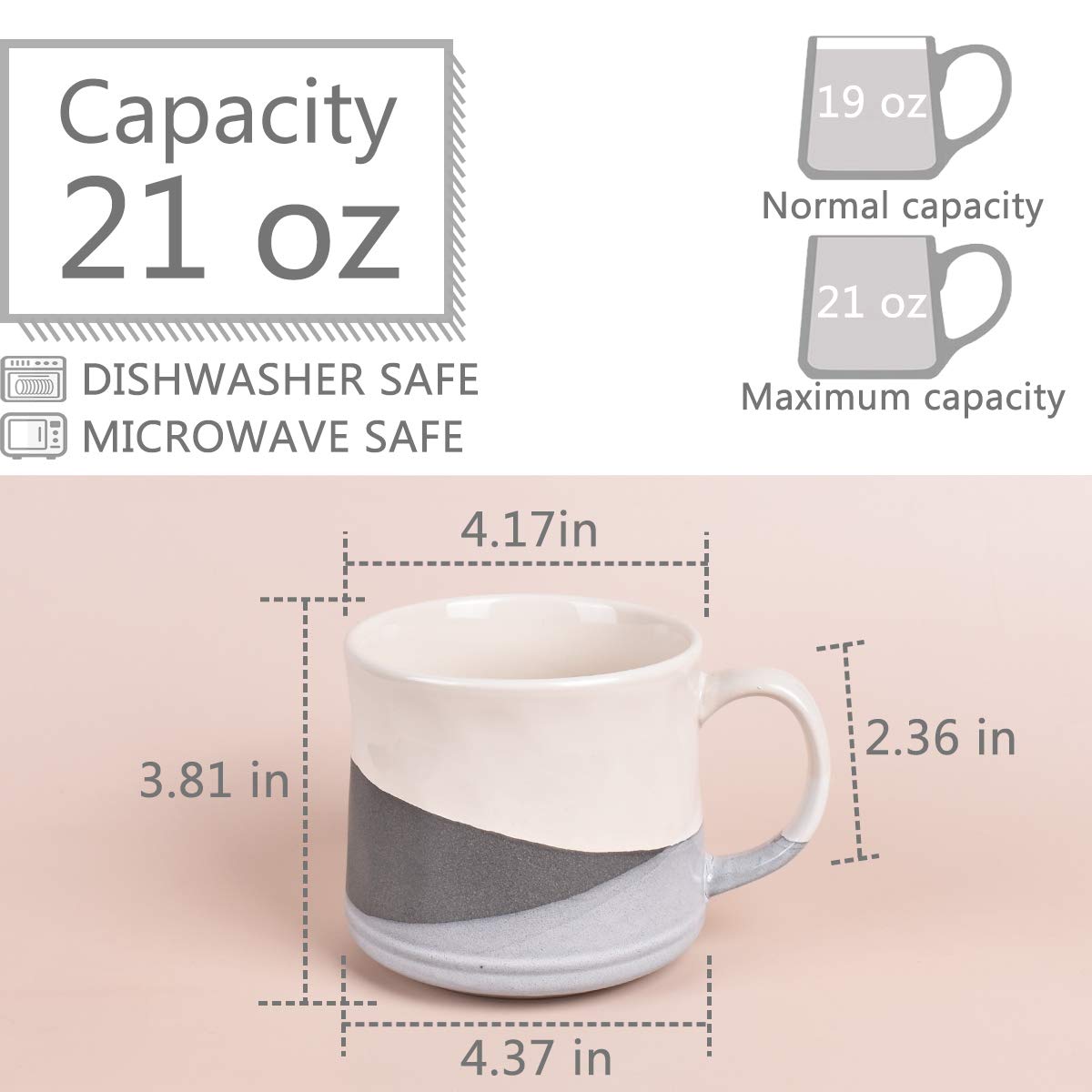 Bosmarlin Large Stoneware Coffee Mug, Big Tea Cup for Office and Home, 21 Oz, Dishwasher and Microwave Safe, 1 PCS (Geometry-Gre