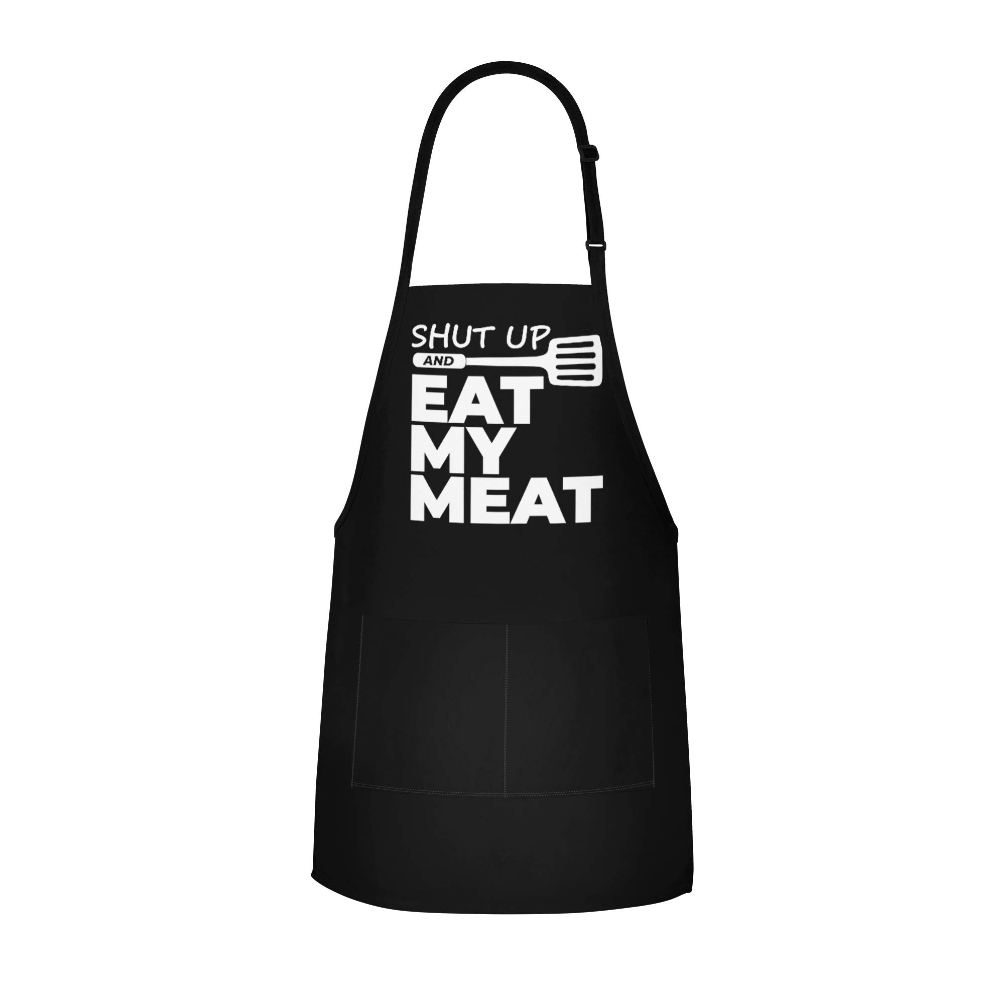 Funny Bbq Apron For Men - Shut Up And Eat My Meat - Adjustable Large 1 Size Fits All - Poly/Cotton Apron With 2 Pockets - Bbq Gi