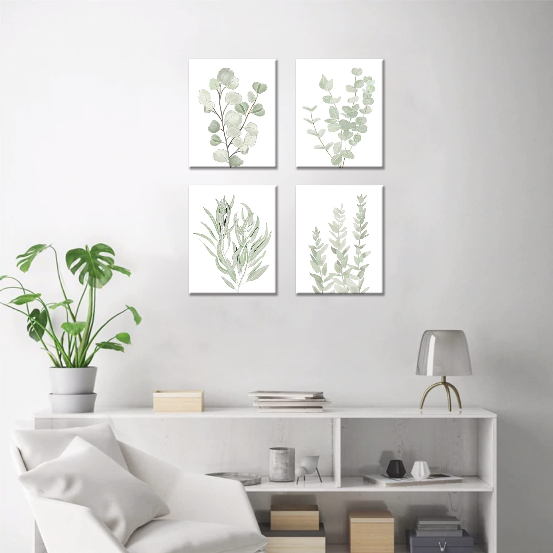 FRAMED Botanical Plant Canvas Wall Art | Boho Plant Wall Decor for Bedroom | Minimalist Floral Prints for Living Room | Light Green Botanical Art Painting for Office | Eucalyptus Leaf Picture | Set of 4 | 8