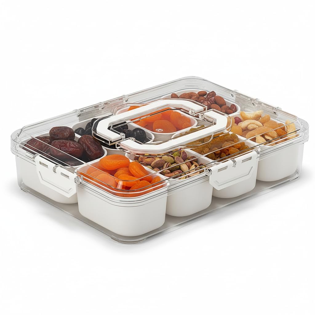Flipixa Snack Storage Container With Multiple Compartments, Clear Locking Food Organizer Box With Handle For Fruits, Vegetables,