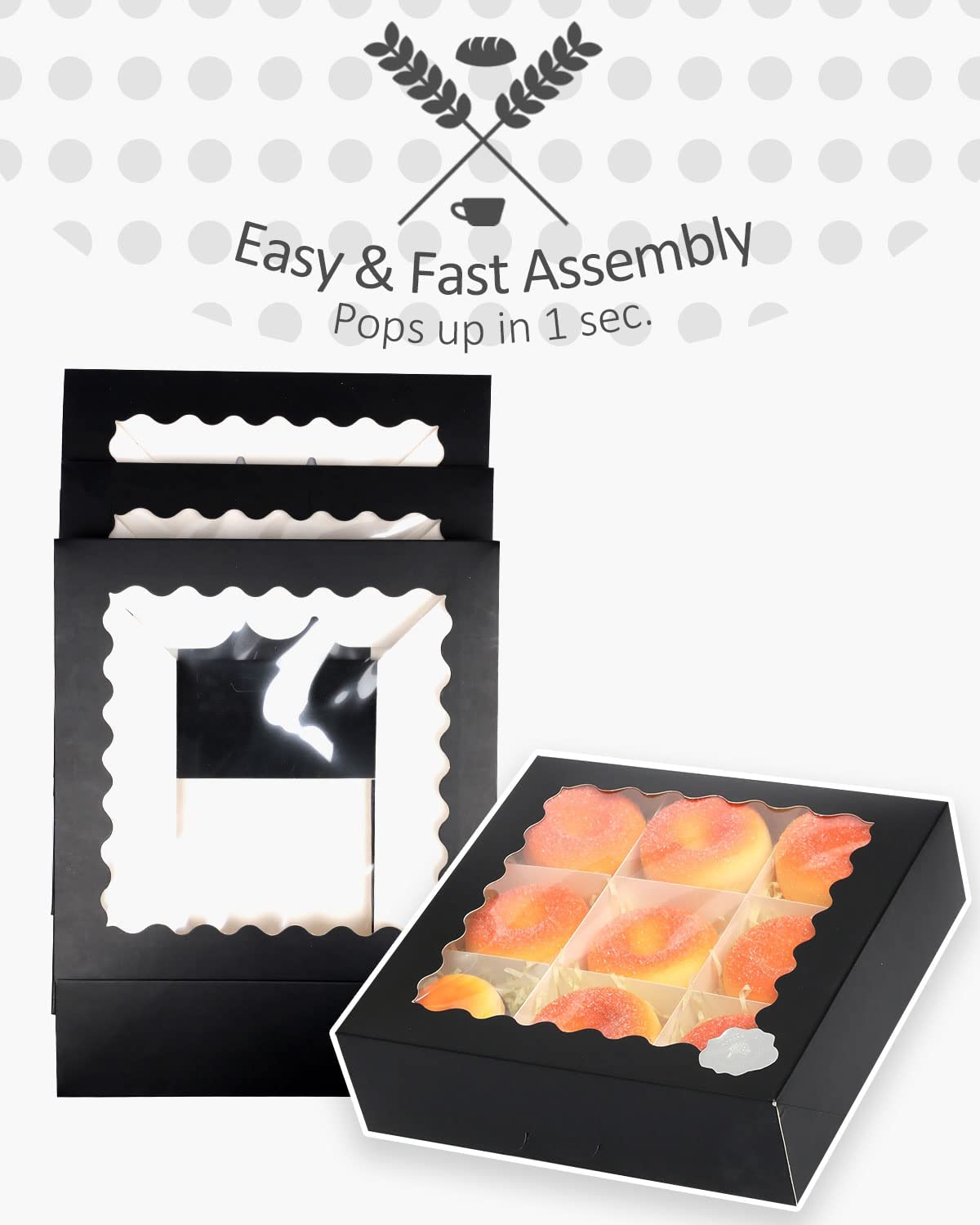 Qiqee Auto-Pop Up Black Pie Boxes With Window 10X10X2.5 Inch 30Packs Cookie Donut Bakery Box