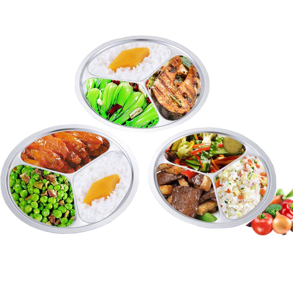 Aiyoo 304 Stainless Steel Dinner Plate Three Sections Round Divided Portion Control Plates Set Of 2 Mess Food Trays Camping Serv