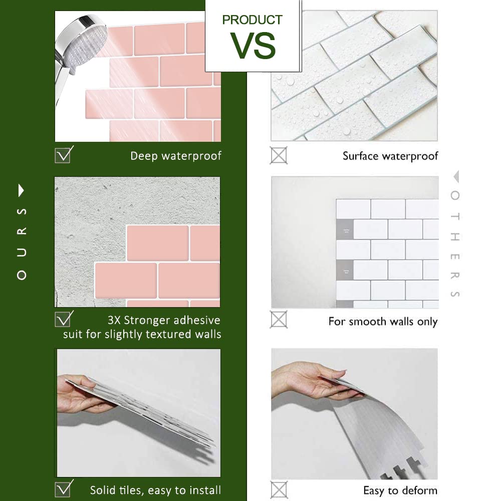 Stickgoo 10-Sheet Pink Subway Tiles Peel And Stick Backsplash, Stick On Tiles Kitchen Backsplash (Thicker Design)