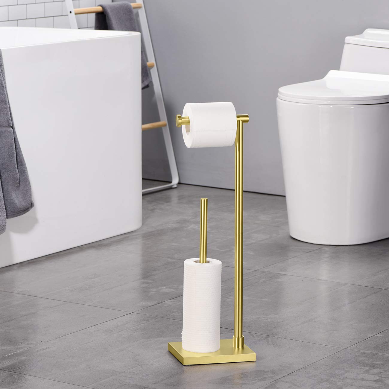 Hoooh Free Standing Toilet Paper Holder, Rustproof Stainless Steel Pedestal Lavatory Tissue Roll Holder Storage For 3 Rolls Of T