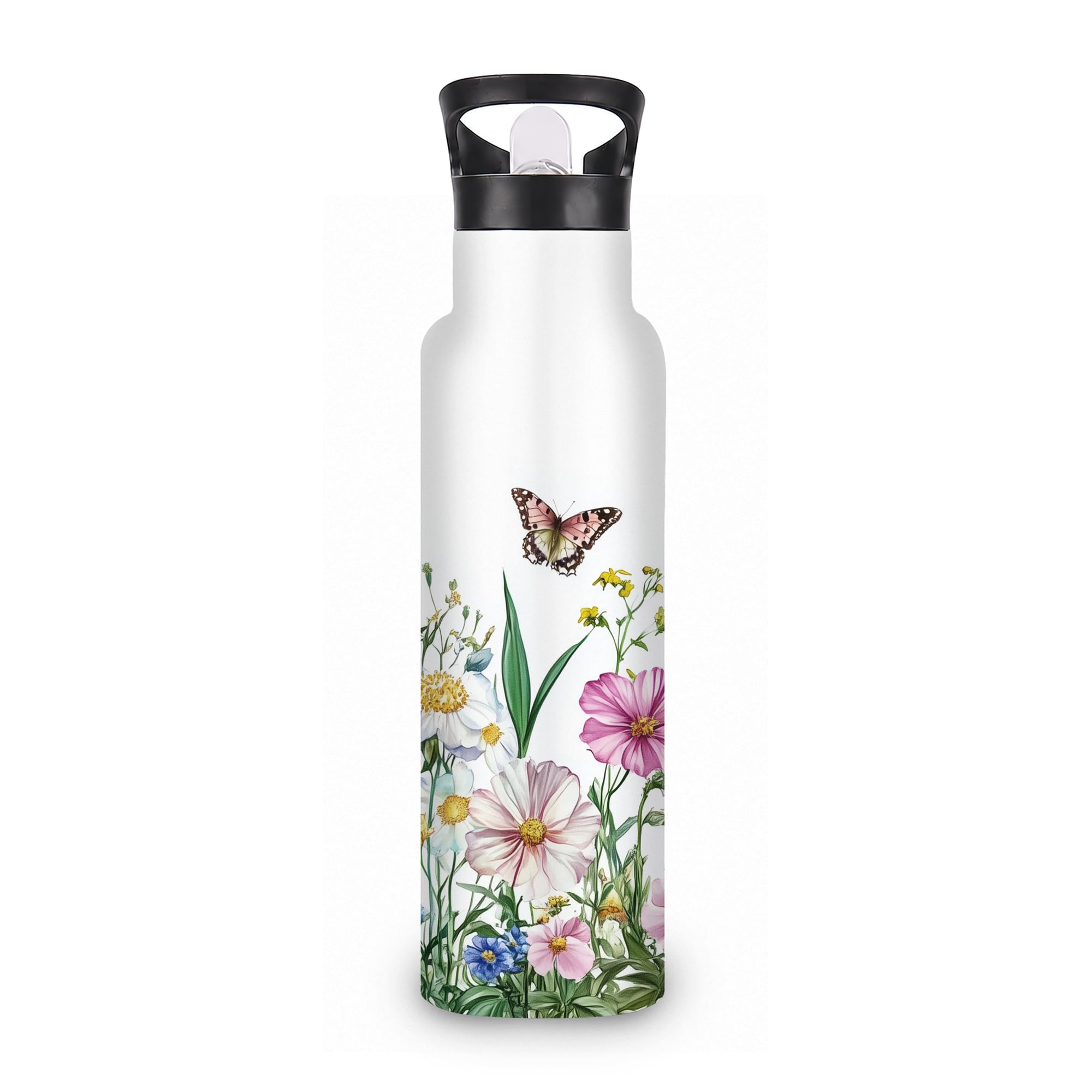 ICRICR Insulated Water Bottle,Butterfly Lavender 20 oz Stainless Steel Water Bottles with Straw Lid,Flowers Leaves Leak Resistan
