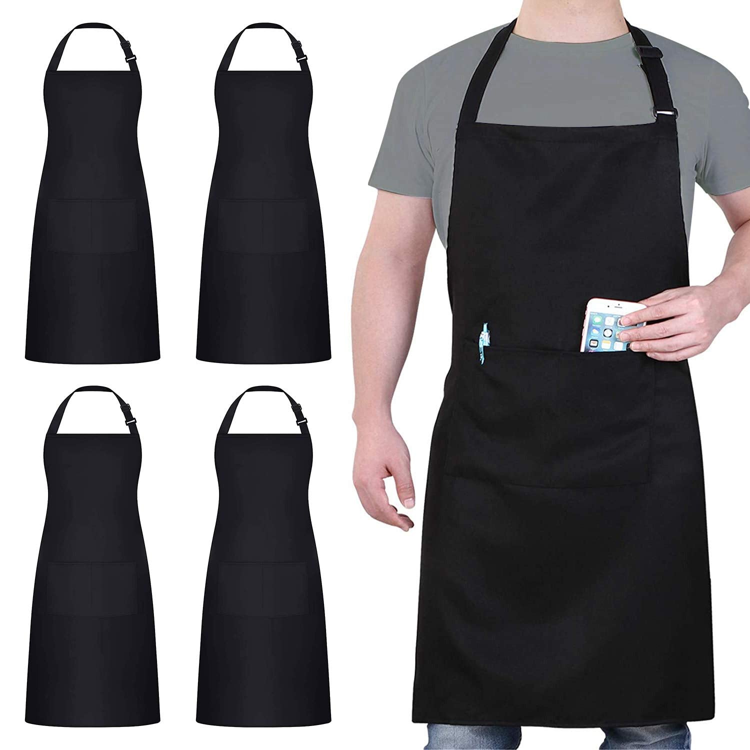 4 Packs Chef Apron, Black Waterproof Apron, Adjustable Apron With 2 Pockets For Men Women, Professional Apron For Kitchen Cookin