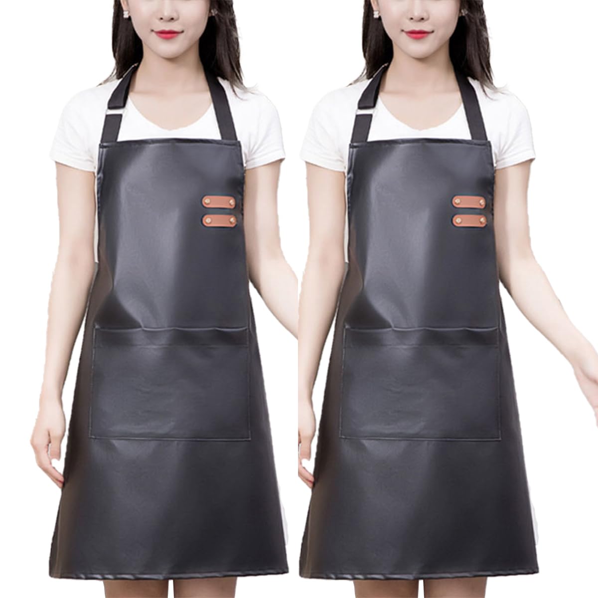 Gembityful Waterproof Aprons For Men Women With Large Pockets Pu Material Waterproof Oil-Proof And Dust-Proof Apron Black 2 Pack