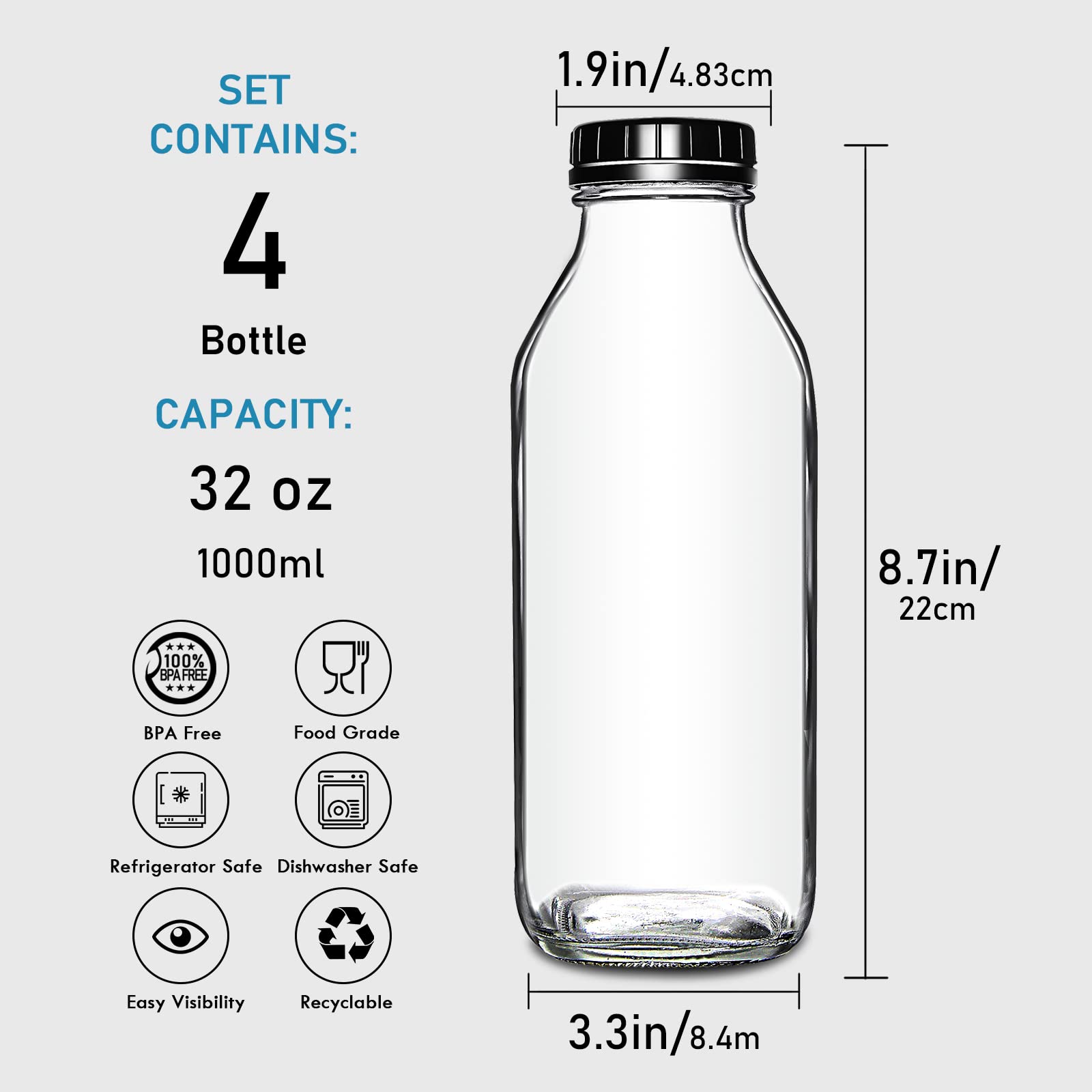 Yeboda 32Oz Glass Milk Bottle With Plastic Tamper-Proof Caps (4 Pack) Vintage Reusable Dairy Drinking Containers, Glass Bottles