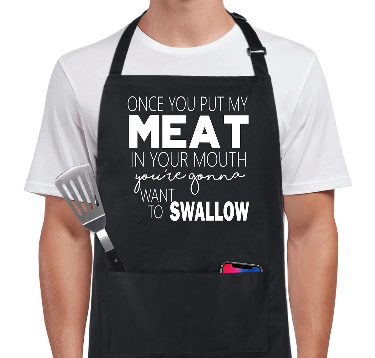 Xornis 100% Cotton Funny Apron Once You Put My Meat In Your Mouth Bbq Grill Aprons With 2 Pockets Fathers Day Gift From Daughter