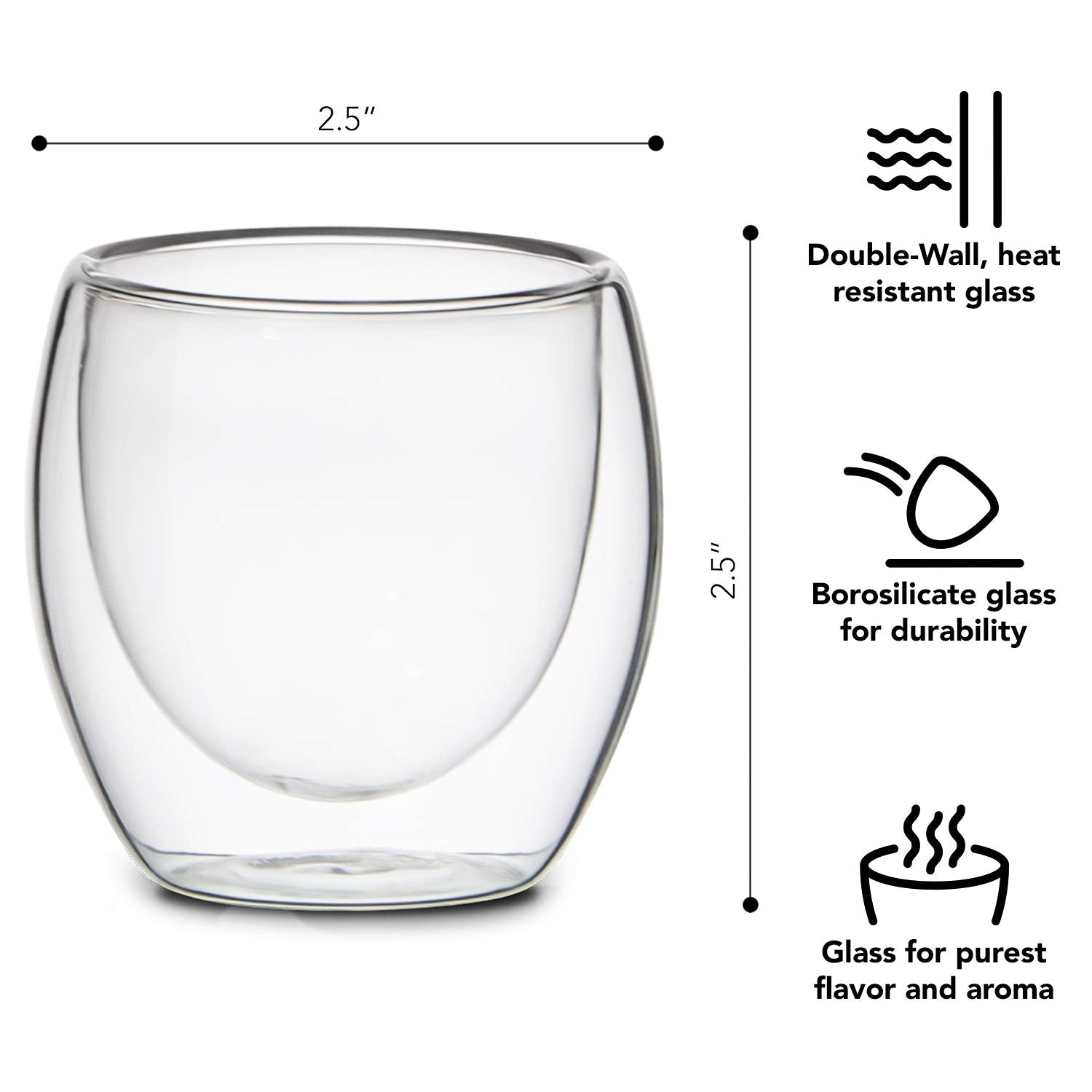 Kaffe Double Wall Insulated Glass Coffee Cups (2 X 3Oz) - Small Clear Espresso Shot Glasses - Heat Resistant Insulated Borosilic