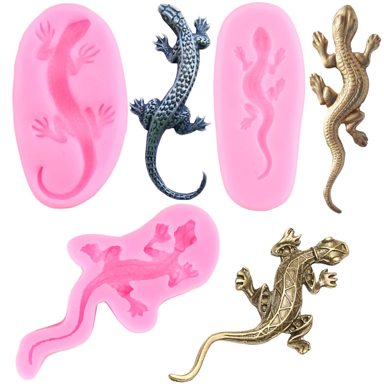 Rfghac 3D Lizard Gecko Silicone Fondant Molds For Cake Decoration Cupcake Topper Polymer Clay Gum Paste Set Of 3