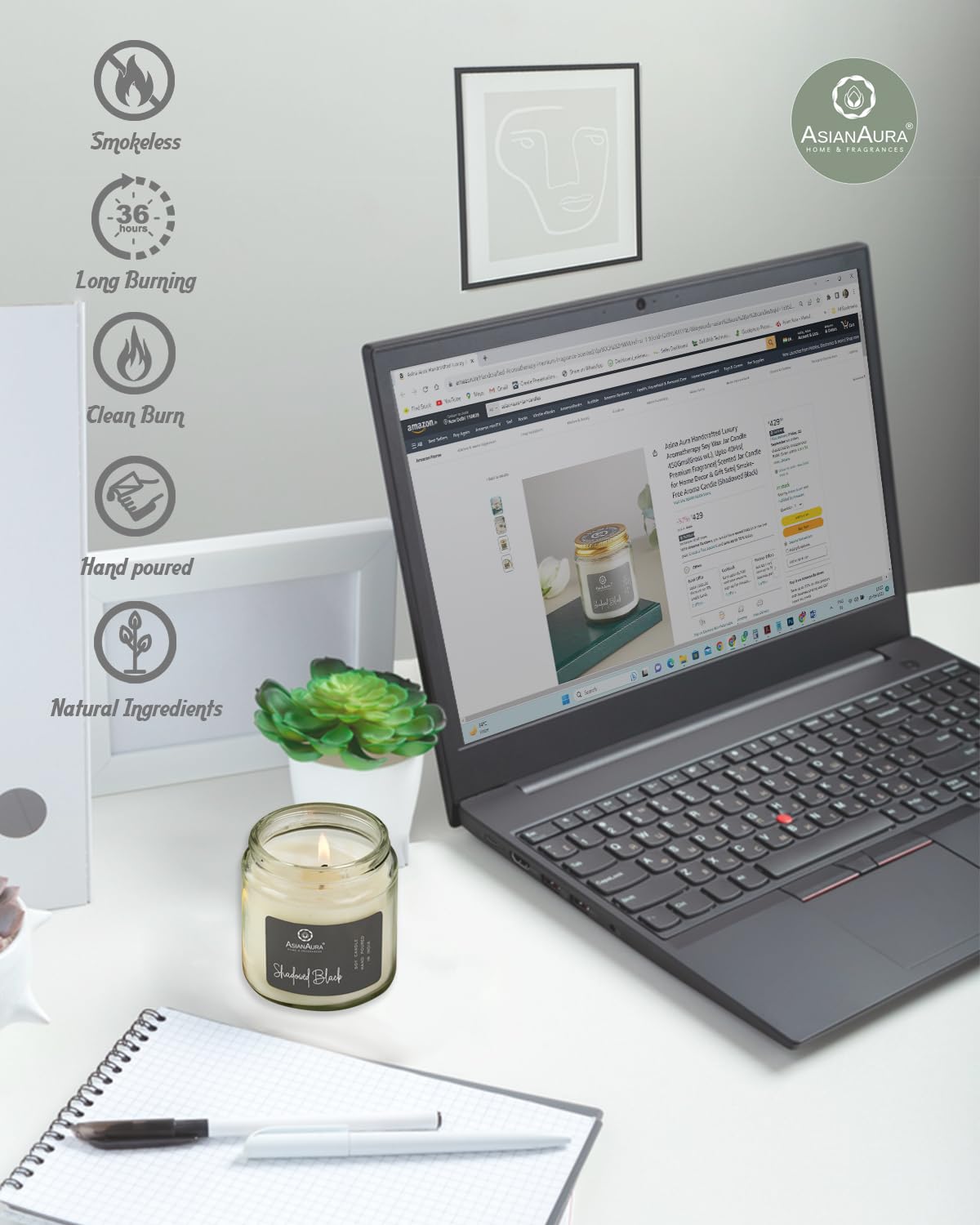 Asian Aura Scented Glass Jar Candle - 450g (Gross Wt.) - Shadowed Black |36 Hours Burn Time |Smoke-Free Aroma Candle for Home Fr