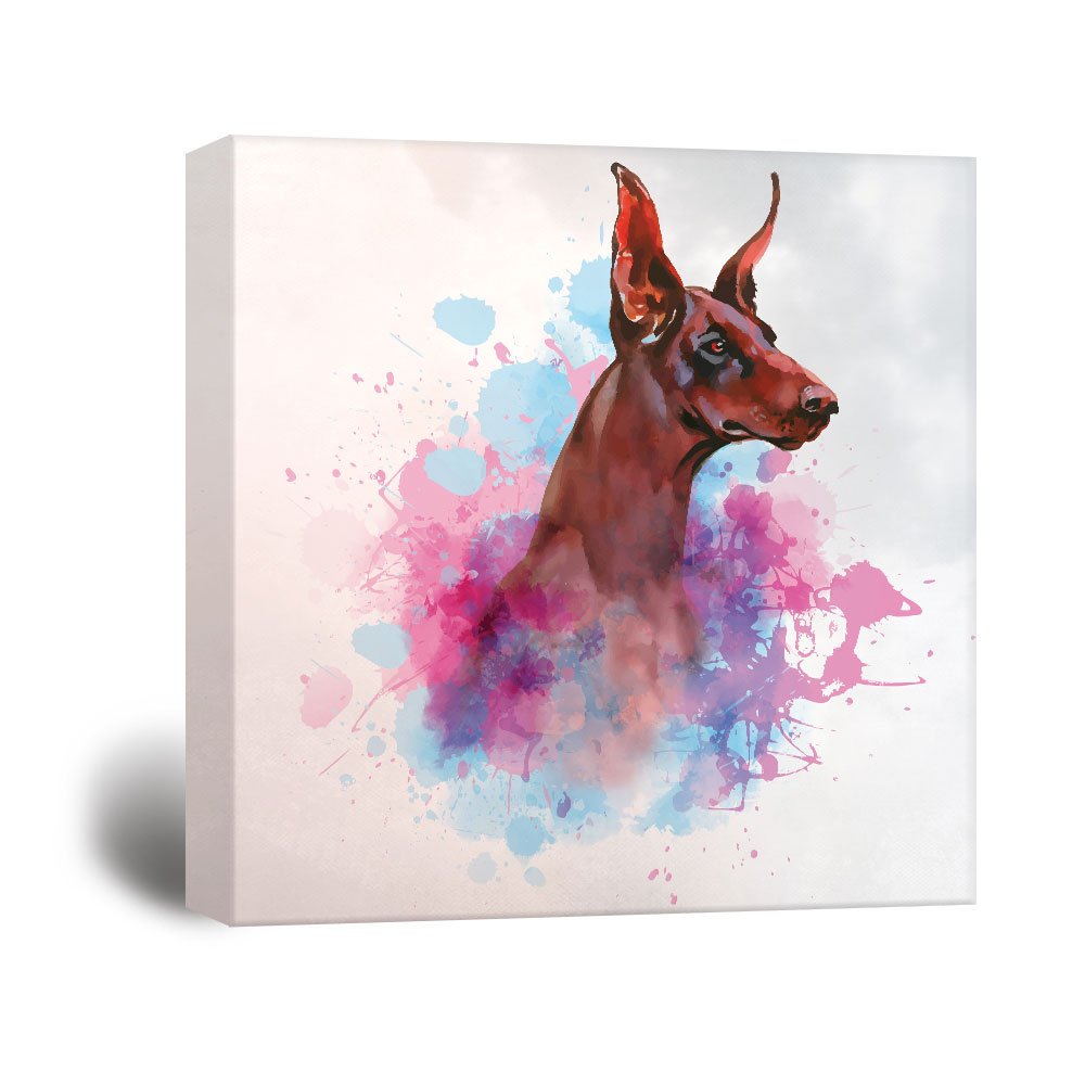 Wall26 Square Dog Series Canvas Wall Art - A Dobermann Painting With Color Splash Background - Giclee Print Gallery Wrap Modern