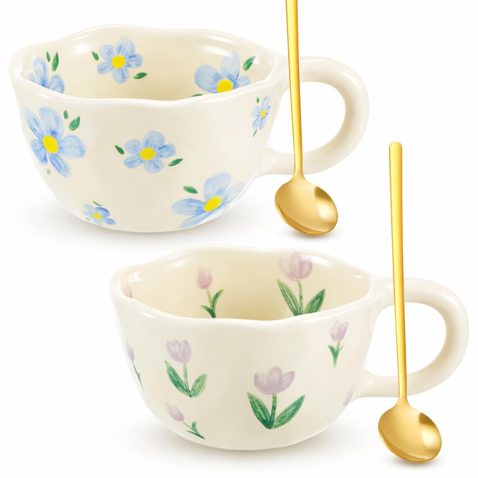 Vesici 2 Pack Floral Tea Cup Set with Spoon Ceramic Flower Mugs, Vibrant