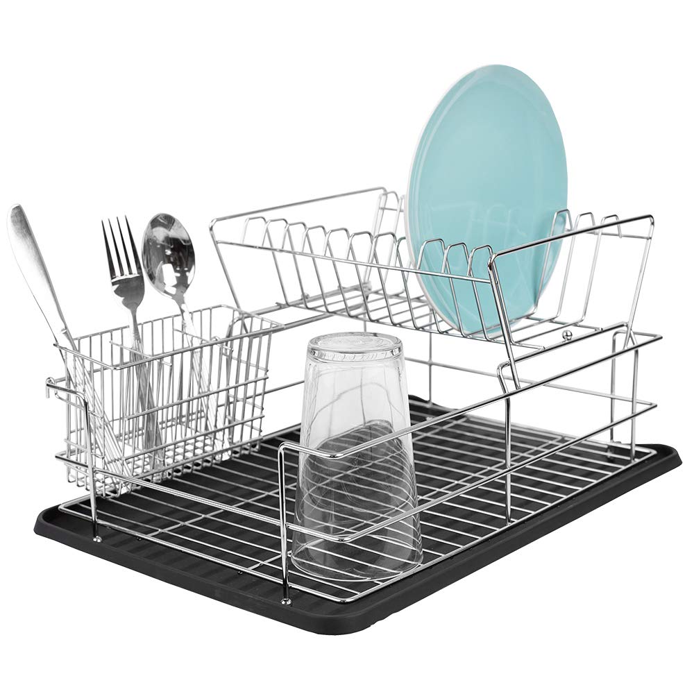 Home Basics Black Kitchen Sink Countertop 2 Tier Dish Rack And Draining Board Cutlery Holder, Fits Large Plates, Dry & Drip Tray