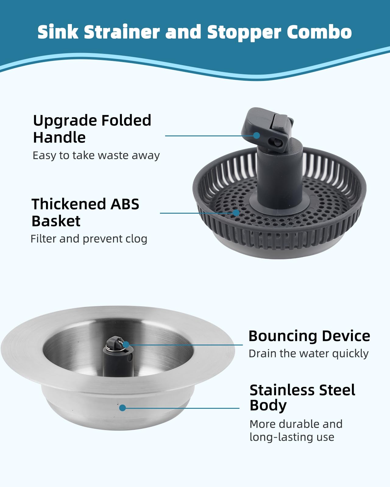 Universal Kitchen Sink Stopper Strainer Combo 3 In 1 Use, 304 Stainless Steel Pop Up Sink Drain Strainer With Upgrade Folded Rod