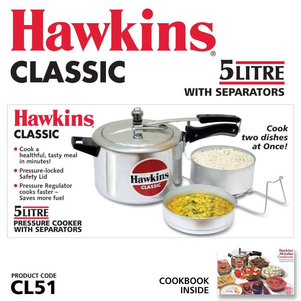 Hawkins Classic 5L Inner Lid Pressure Cooker with Aluminium Separators (Silver)