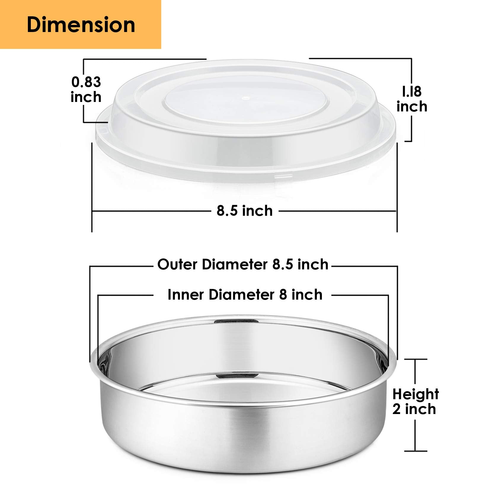 P&P Chef 8-Inch Cake Pan With Lid Set (3 Pans + 3 Lids), Stainless Steel Round Baking Pan For Picnic Wedding Birthday, Leakproof