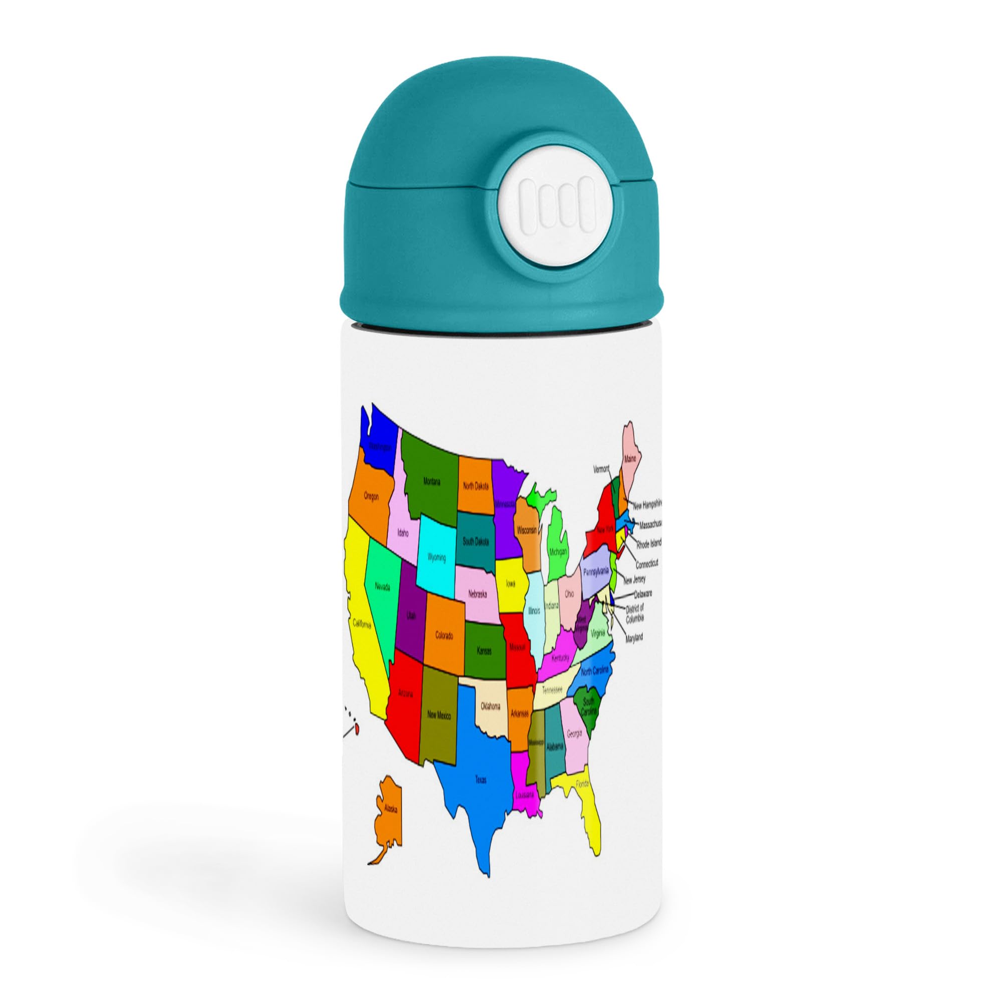 Inspirational Kids Learning Enthusiasts 12oz Kids Green Bottle  Colorful map of the United States, vibrant states, educational 