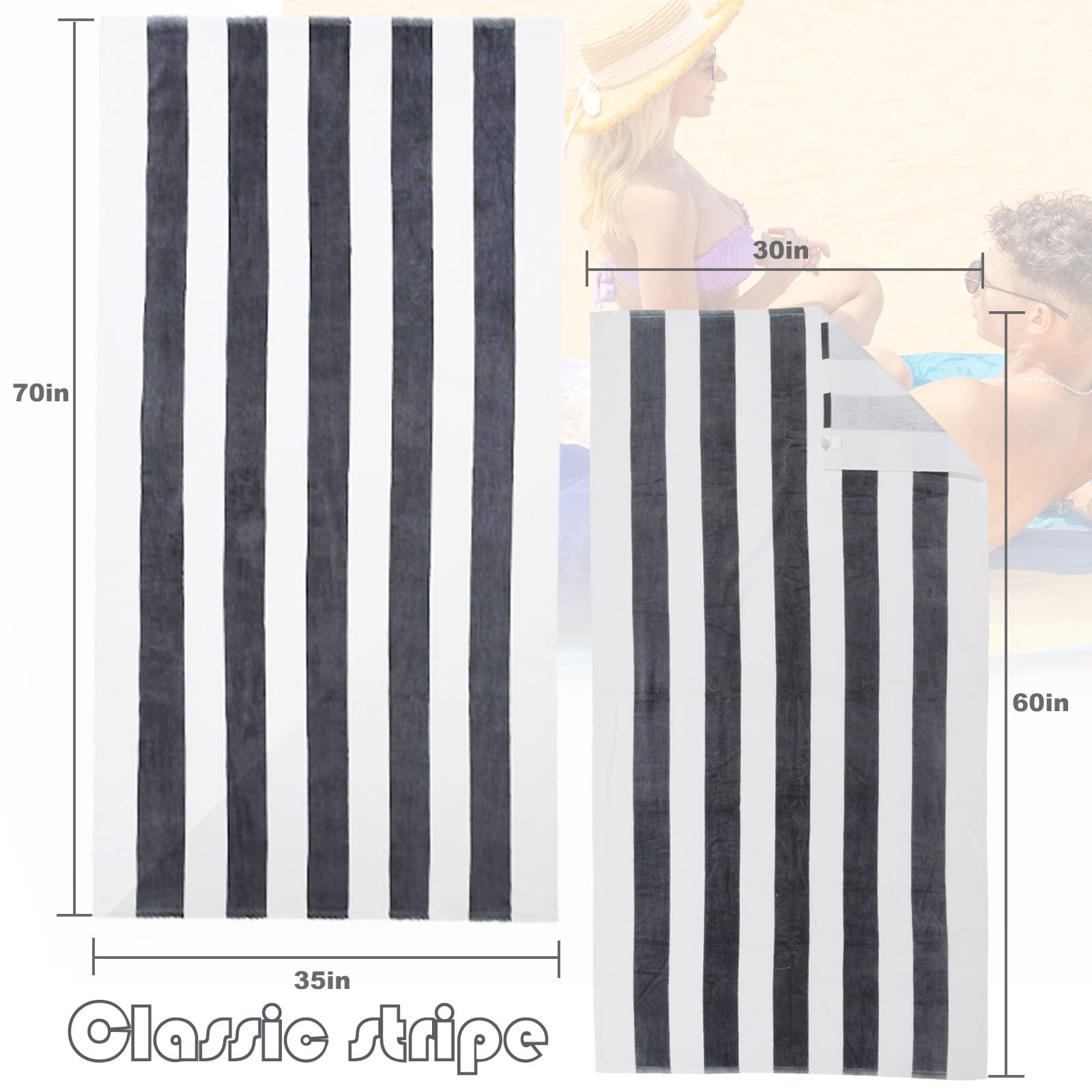 Exclusivo Mezcla Cotton Oversized 35X70 Inches Cabana Stripe Beach Towel, Super Absorbent Soft Plush Pool Bath Towel (Charcoal G