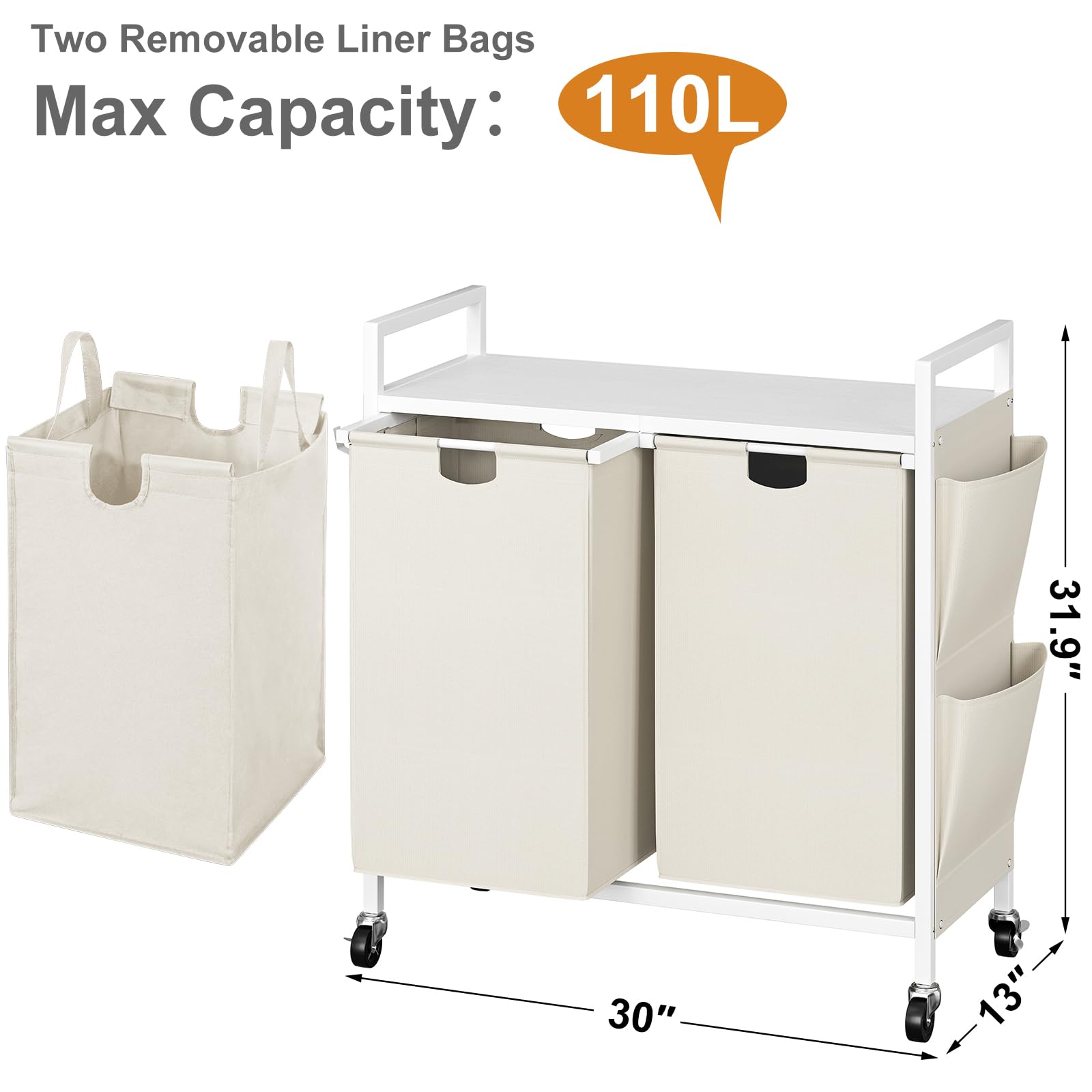 Wowlive Double Laundry Hamper With Lid,Rolling Laundry Basket Organizer With Wheels, Iron-Made Laundry Sorter With Top Shelf And