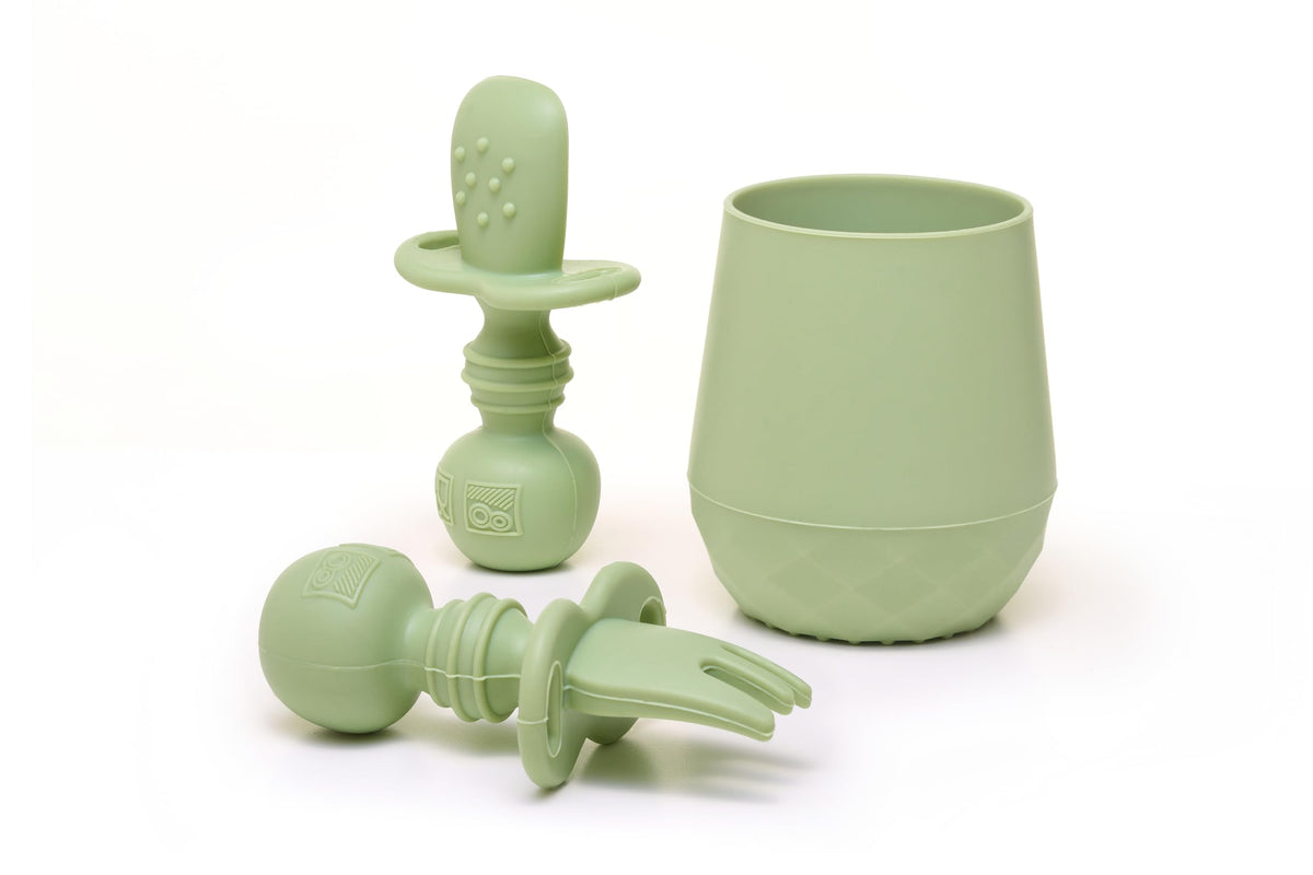 Tooshka Baby Utensil Set (3 pcs) - Self Feeding Spoons and Tiny Cup - Silicone & BPA Free - Baby-Led Weaning (BLW) Supplies - Ag