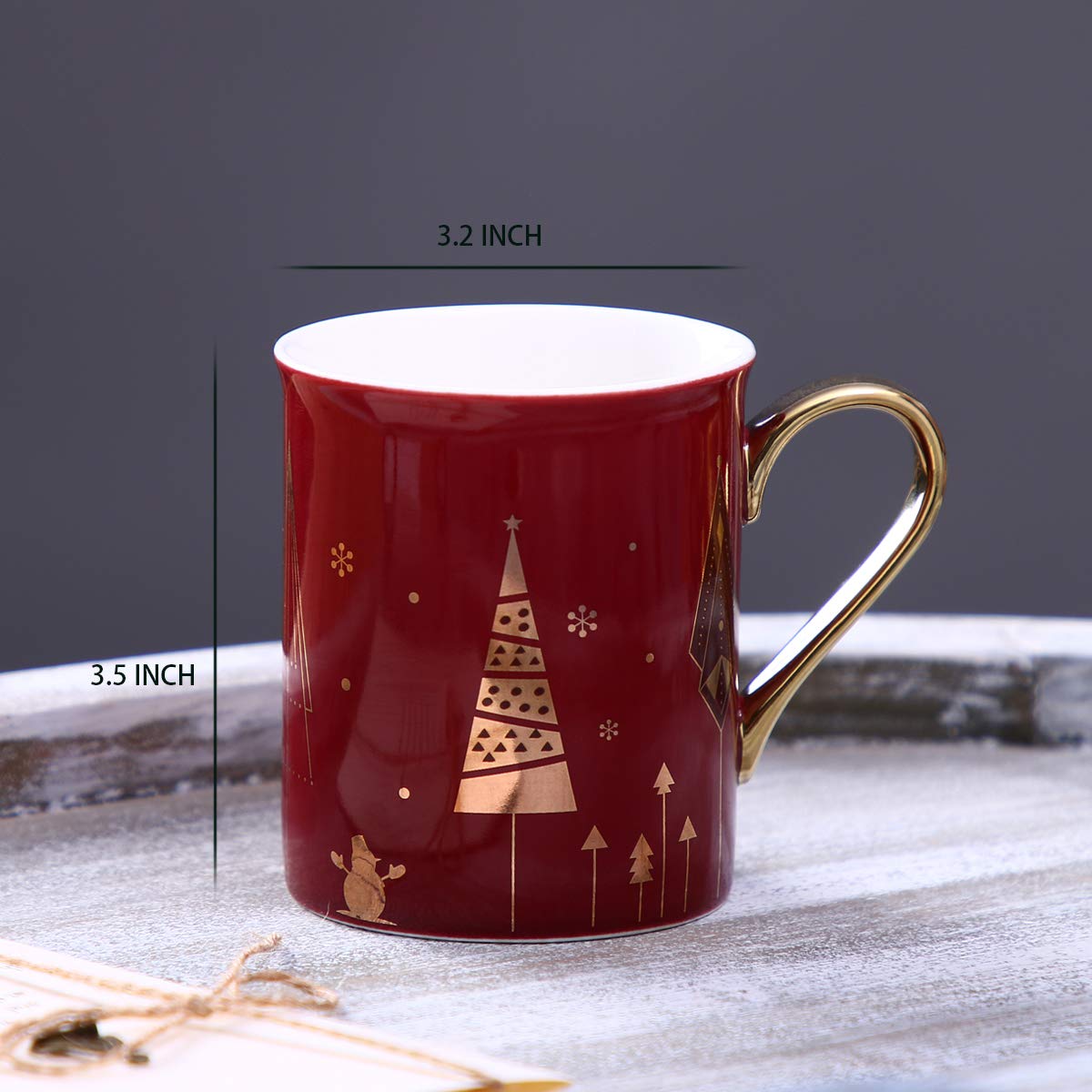 WAVEYU Christmas Cute Ceramic Coffee Mug with Golden Handle Decorative Coffee Cup for Women for Ideal Gifts, 10 OZ(Red)