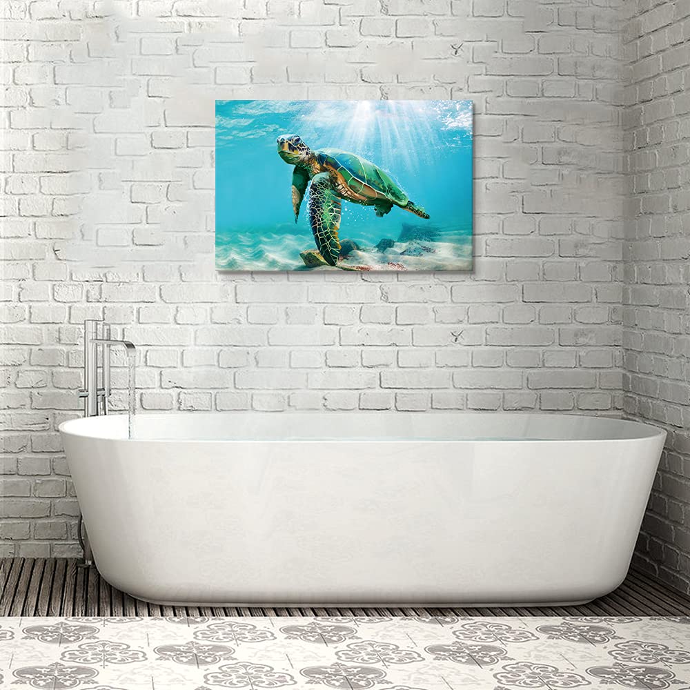 Japo Art Green Sea Turtle Wall Art Submarine Picture Blue Ocean Animal Painting Coastal Wall Decor Framed Ready To Hang For Bath