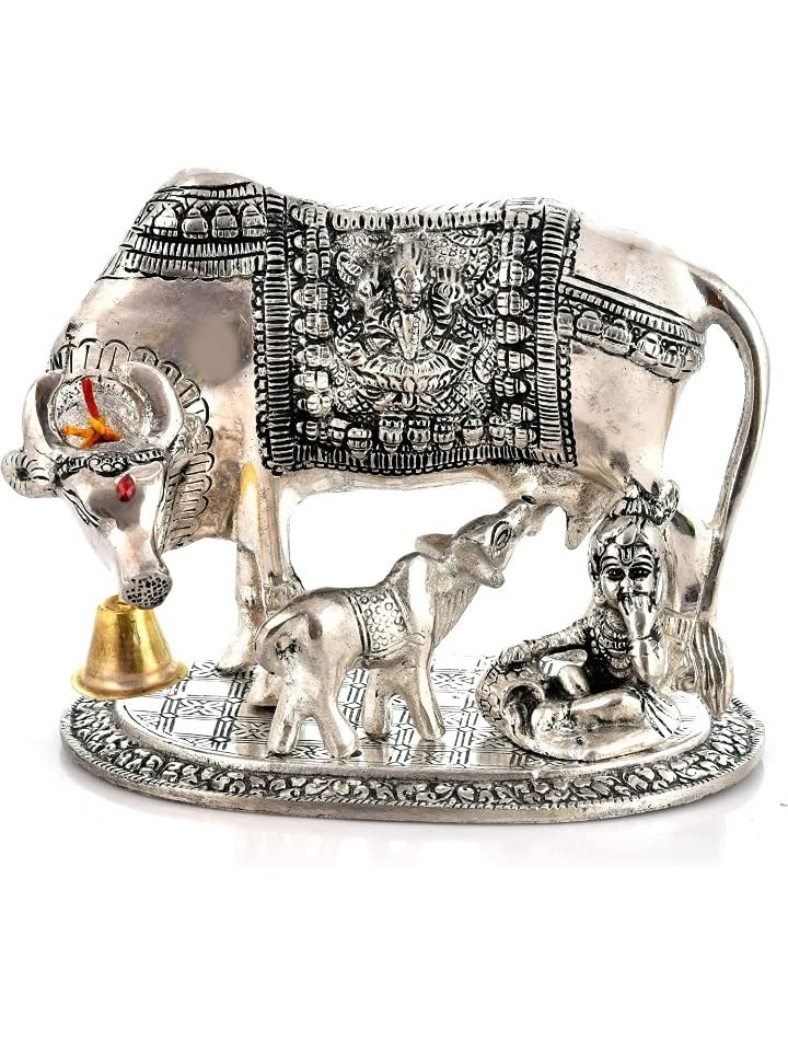 Labhcart Handcrafted Brass Action Golden Kamdhenu Cow With Calf,Vastu Gau Mata Idol,Spiritual Vastu Nandi Pooja Figurine Sculptu