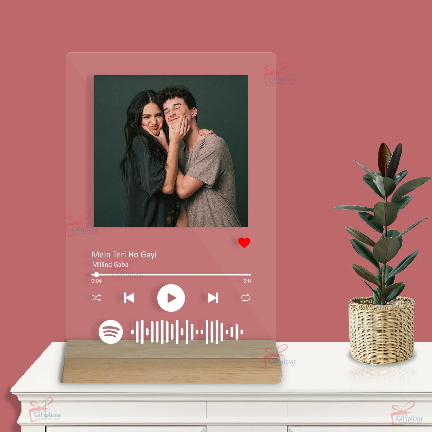 Giftplease Customized Photo And Tabletop Song Glass Spotify Plaque With Wooden Stand|Personalized Rectangular Photo Music Frame