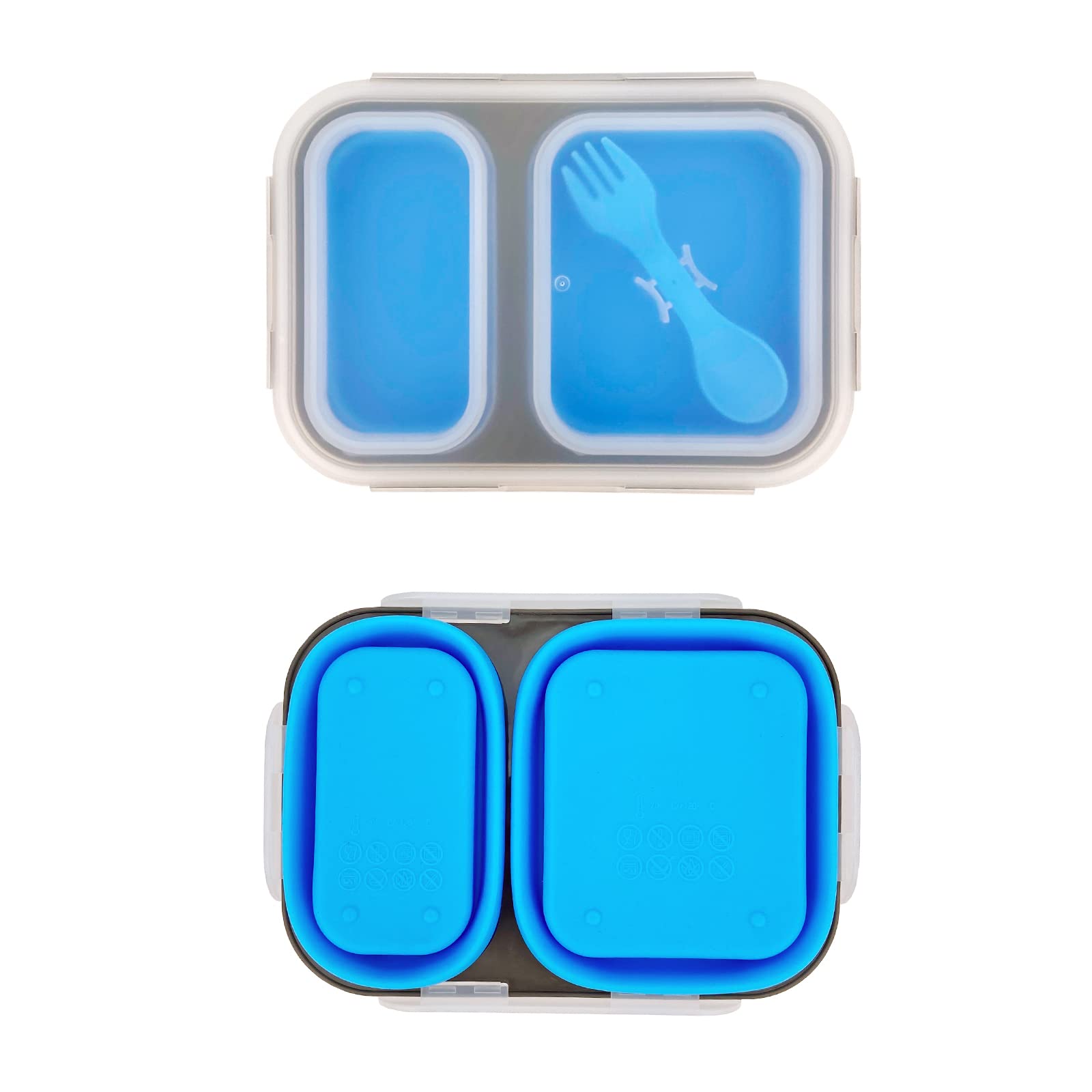 Lunbengo 2 Compartments Collapsible Airtight Bento Box With Ideal Portion 600Ml & 450Ml And 2 In 1 Spoon & Fork, Food Grade Sili