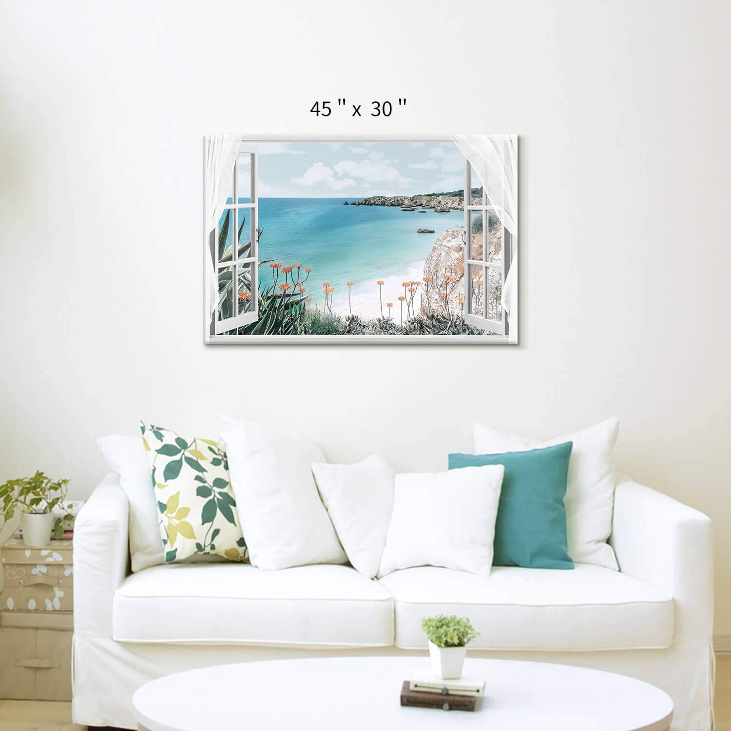Hardy Gallery Coastal Painting Seascape Wall Art: Open Window View Picture Blue Ocean & Beach Artwork On Canvas For Bedroom (45