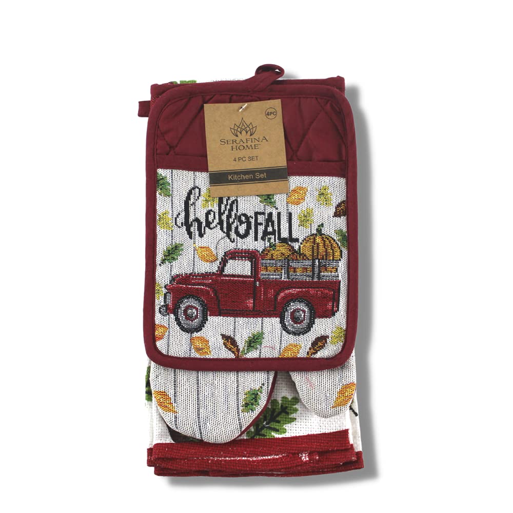 Serafina Home Hello Fall Farm Truck Kitchen Towels And Pot Holder Set: Autumn Harvest Pumpkins And Colorful Leaves, Pot Holder O