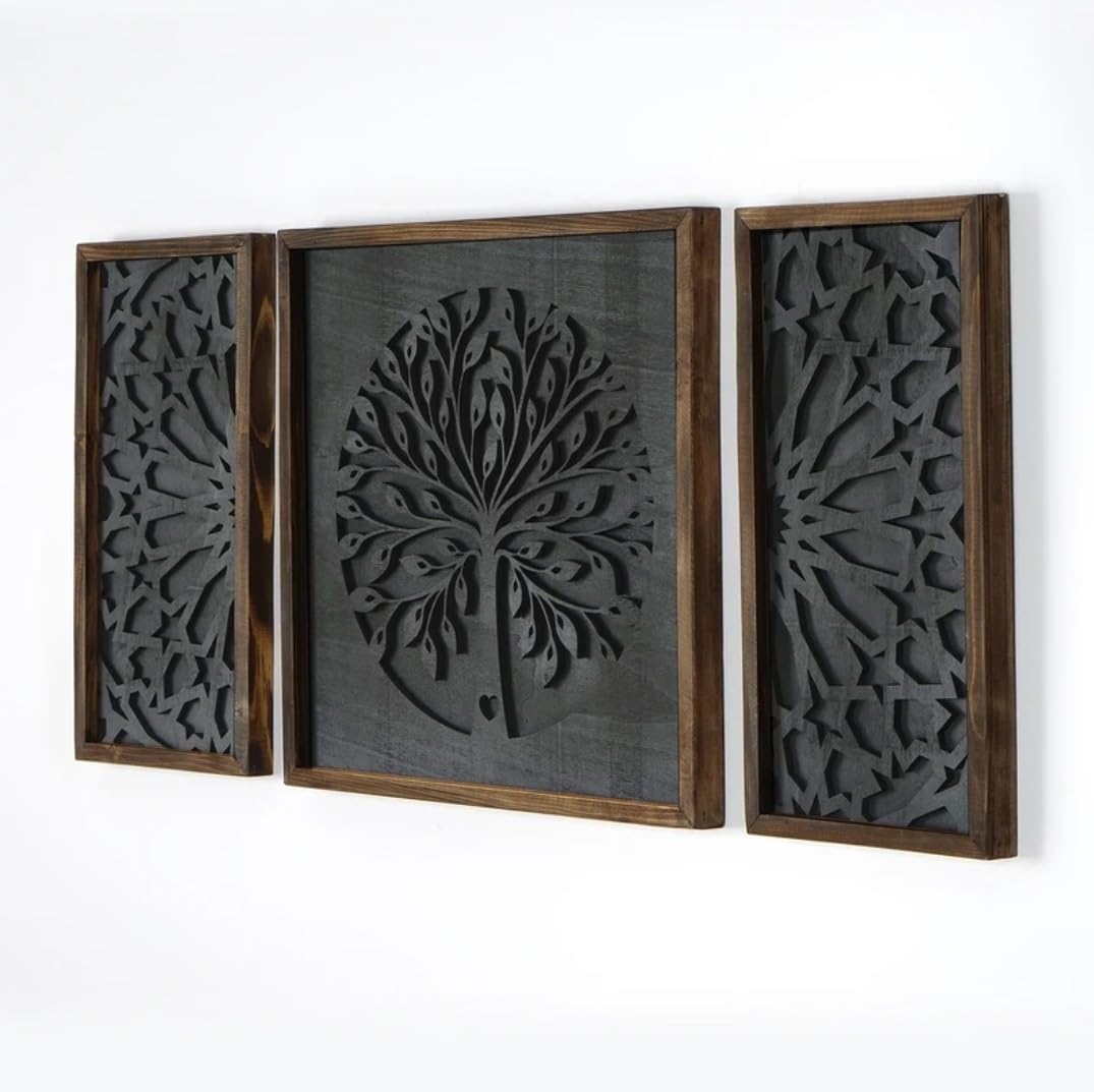 Upzing Decor Life Tree Wooden Set Of 3 Life Tree Wooden Wall Panel Set 3 Wall Hangings,Bedroom Carving Panel Aesthetic Style, Ma
