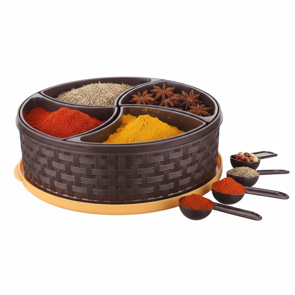 Yuveo Decorative Masala Spice Box Container With 4 Separate Compartments With 4 Spoon, Brown Woven Pattern Design, Rotating Spic