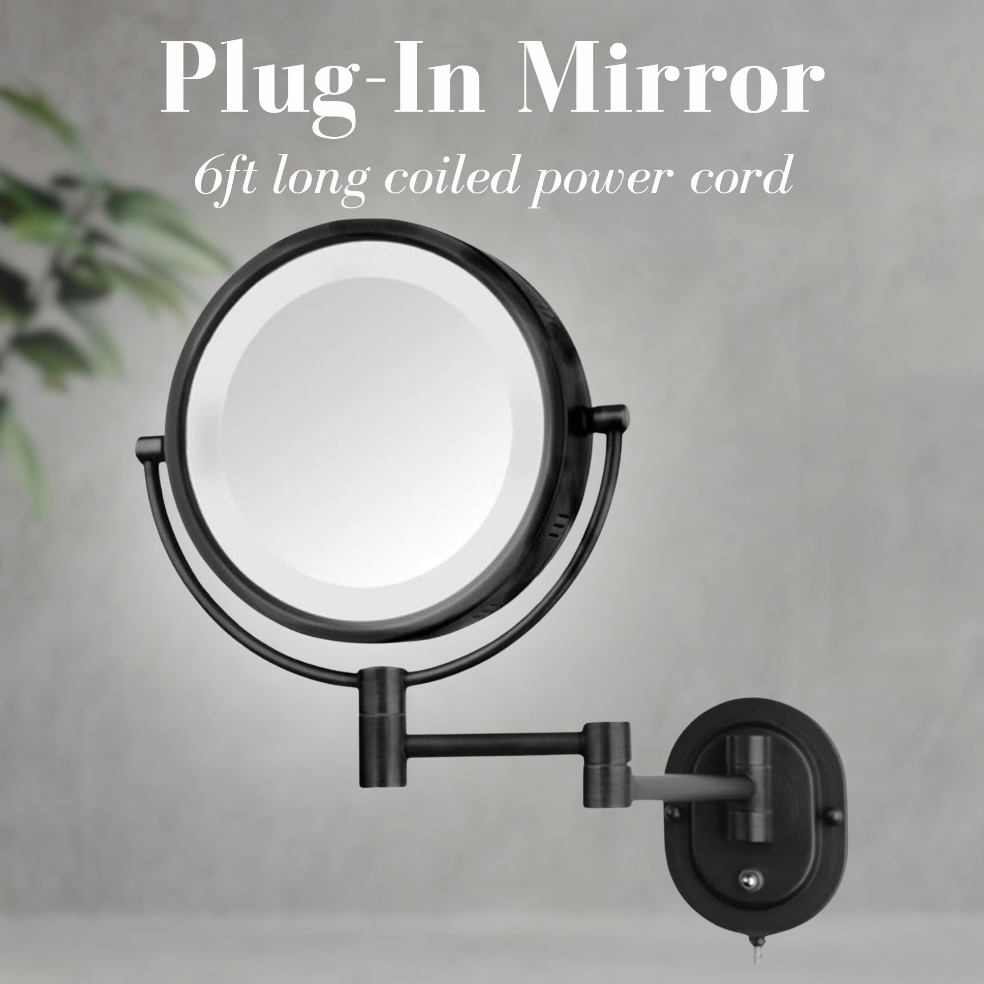 JERDON Wall-Mounted Makeup Mirror with 5X Magnification - Black Makeup Mirror with LED Lights - Plug in - Model HL65BK