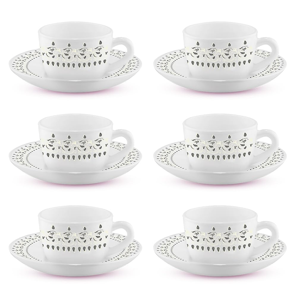 Larah By Borosil Ora Gold Opalware Cup And Saucer Set Of 12 Pcs | Tea/Coffee Cups 140 Ml | Microwave & Dishwasher Safe | BoneAs