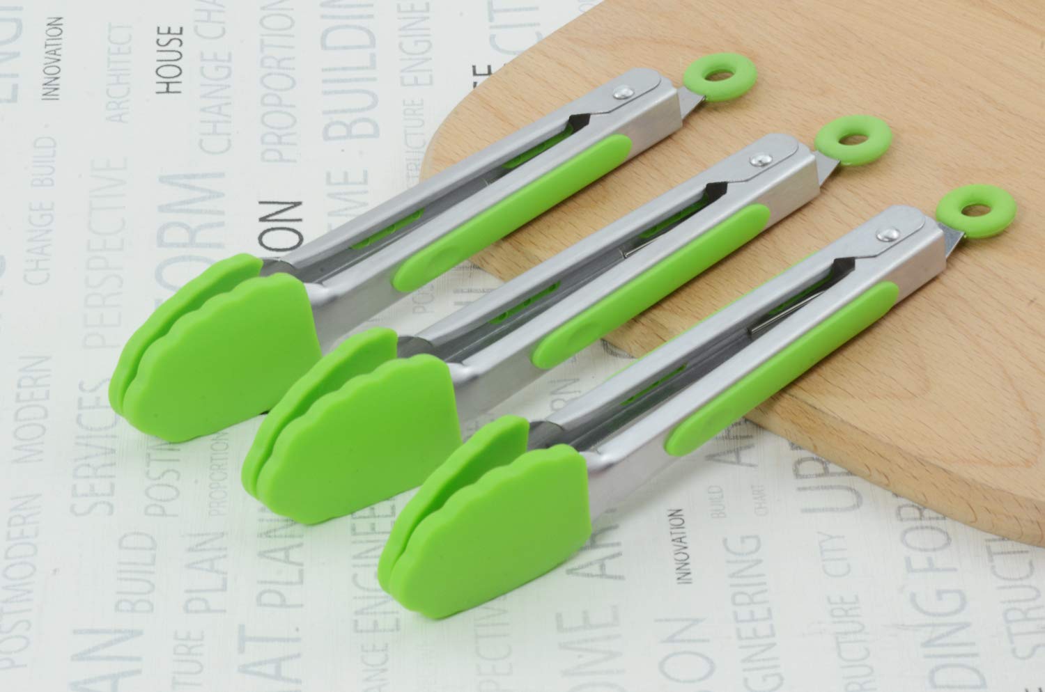 Hinmay Mini Tongs With Silicone Tips 7 Inch Small Cooking Tongs, Set Of 3 (Green)