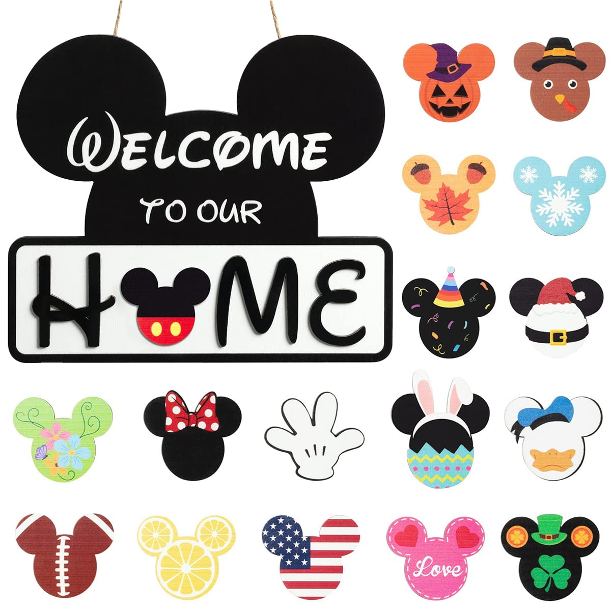 FUEMEILY Cute Mouse Interchangeable Seasonal Welcome Door Sign for Front Door Decor, Interchangeable Welcome to Our Home Sign fo