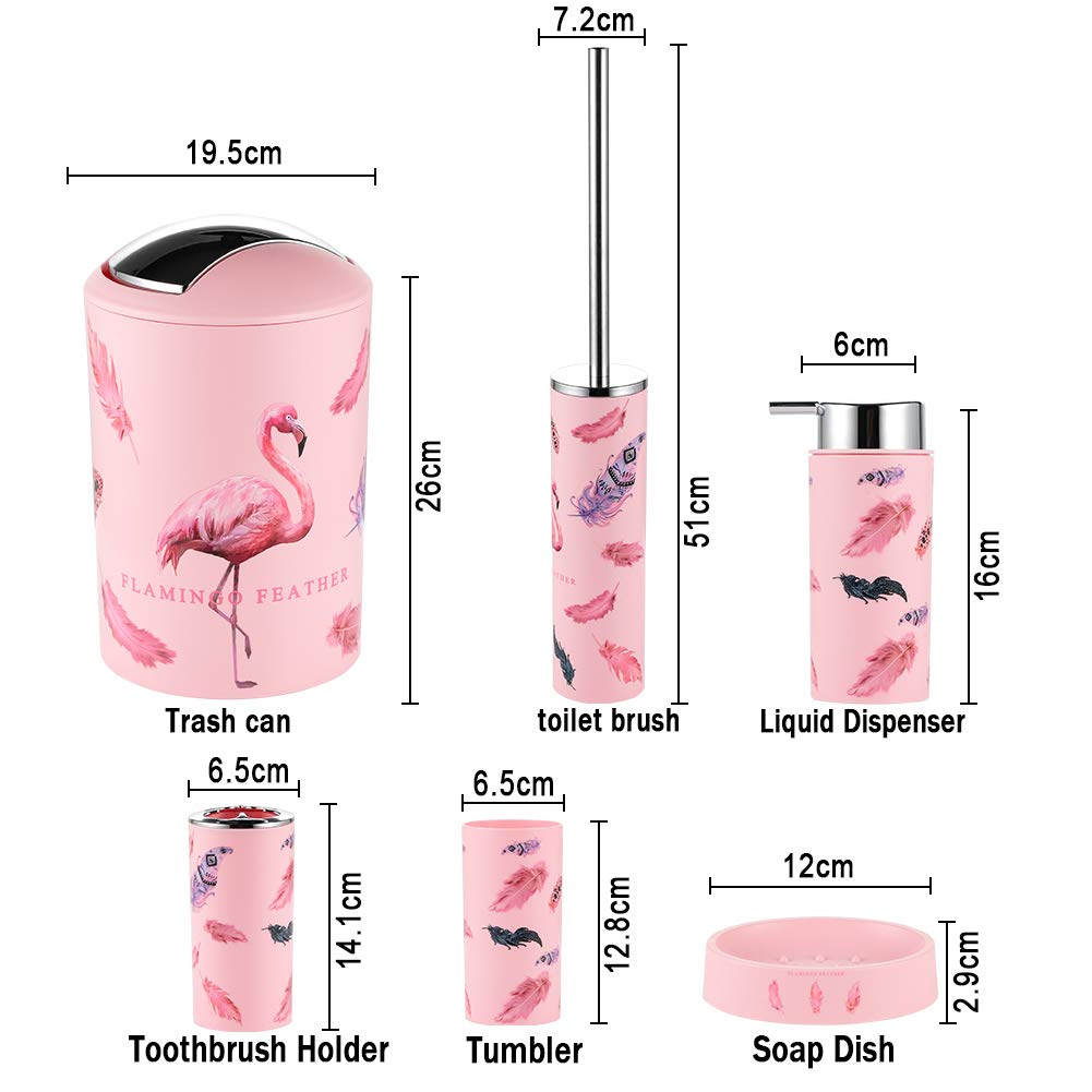 JOTOM 6 Pieces Bathroom Accessories Set Plastic Bathroom Accessories Toothbrush Holder Cup Soap Dish Hand Sanitizer Bottle Trash Can Toilet Brush (Flamingo)