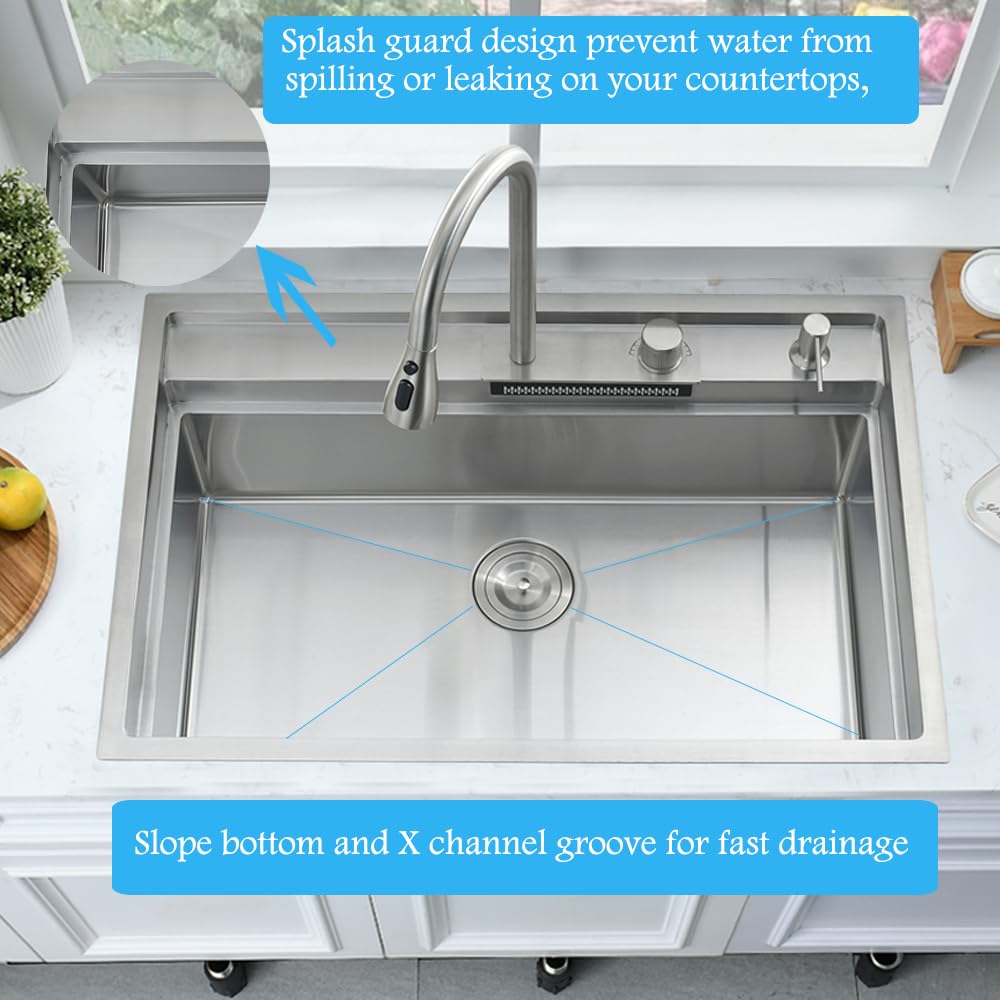 33 Inch Drop In Waterfall Kitchen Sink Workstation-Bokaiya 33X19 Drop In Kitchen Sink Workstation Sink 16 Gauge Deep Stainless S